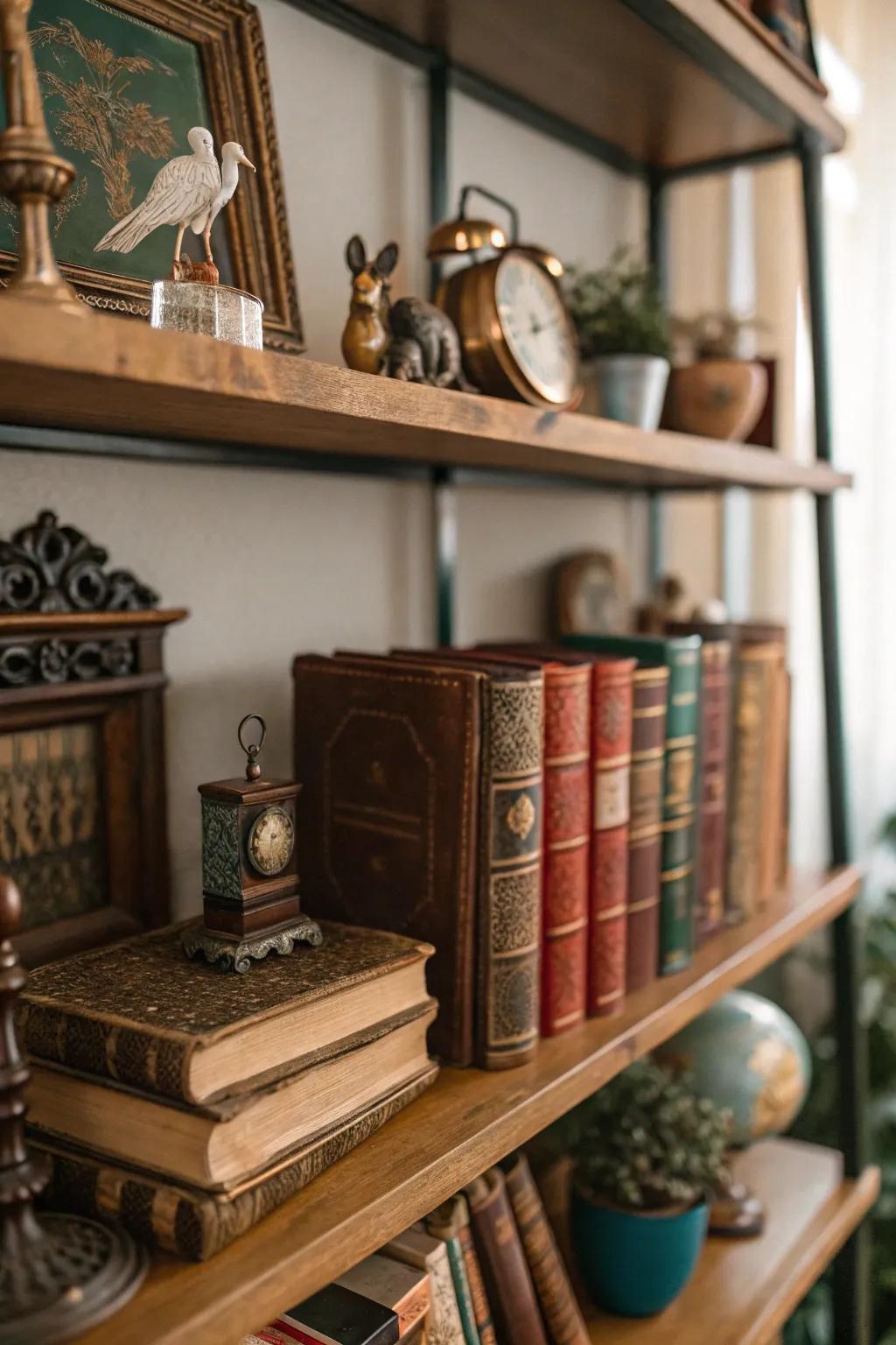 Historical items lending history and allure to a shelf's decor.