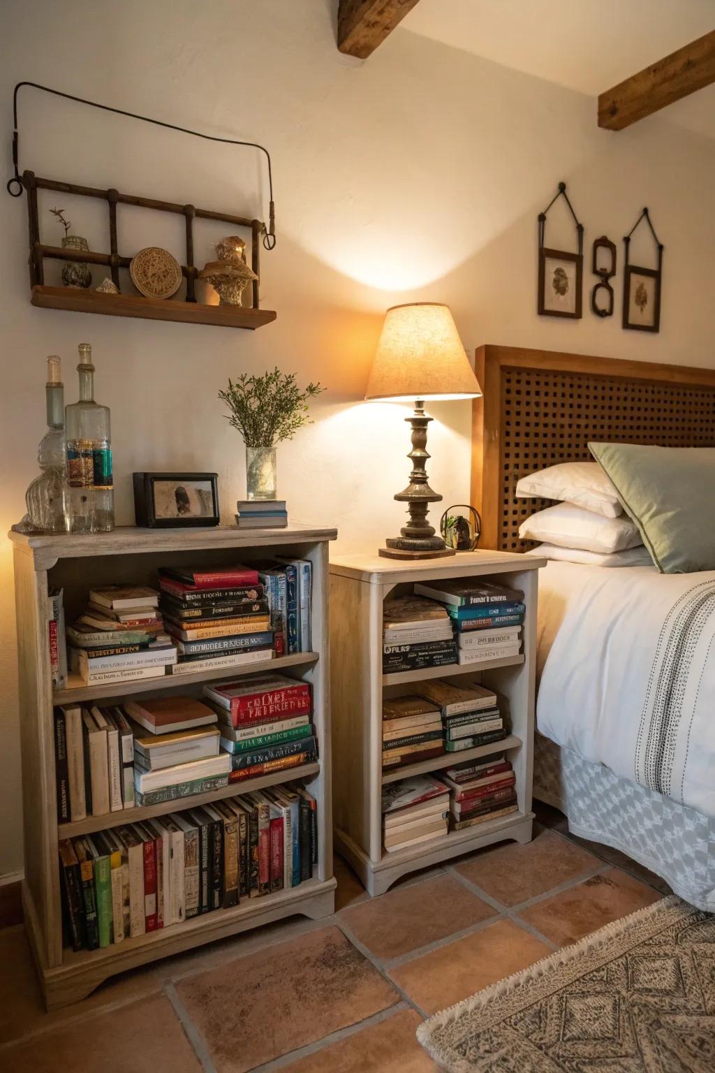Bookshelves that double as stylish and functional bedside tables.