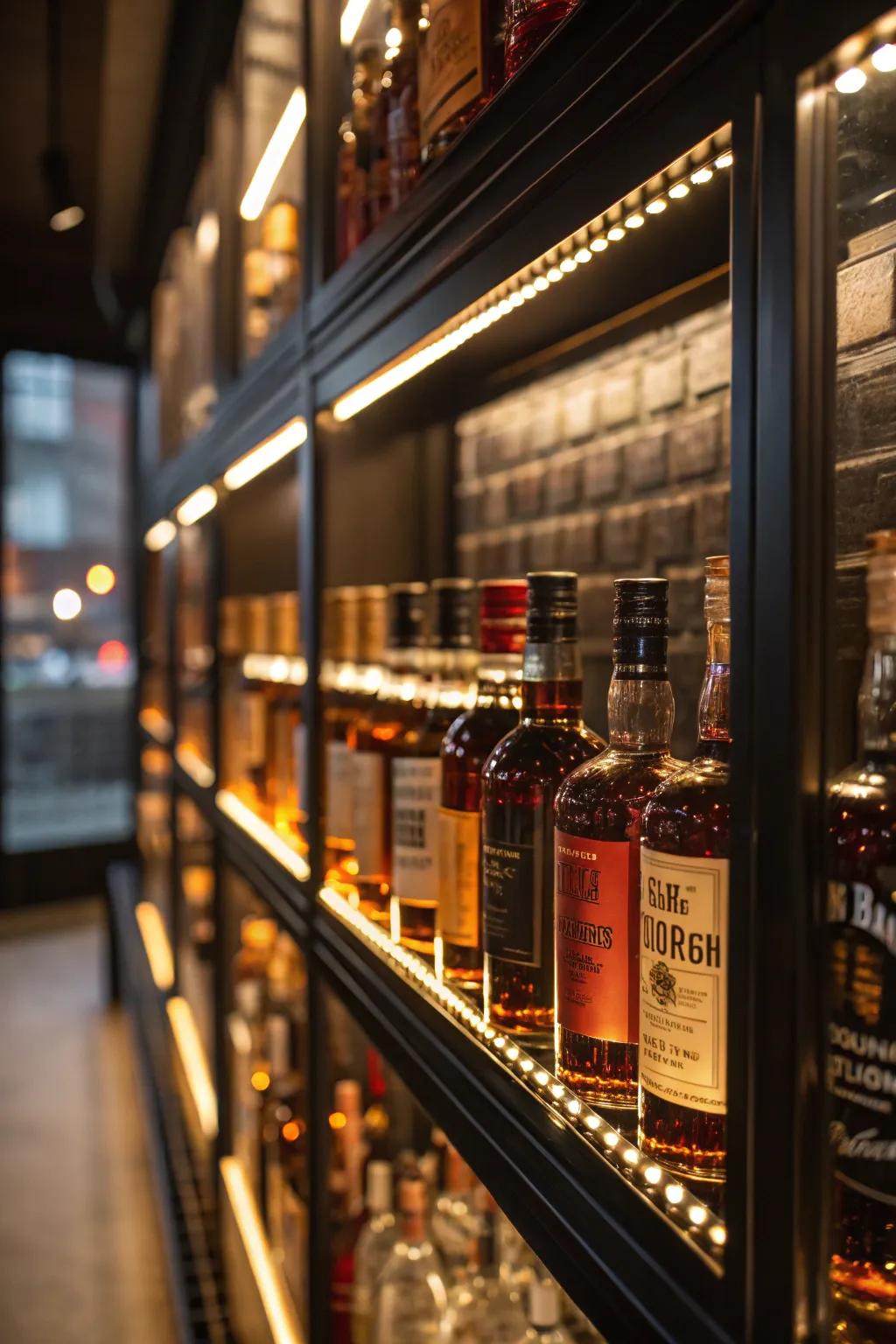 A radiant display enclosure emphasizes your choice bourbon bottles.