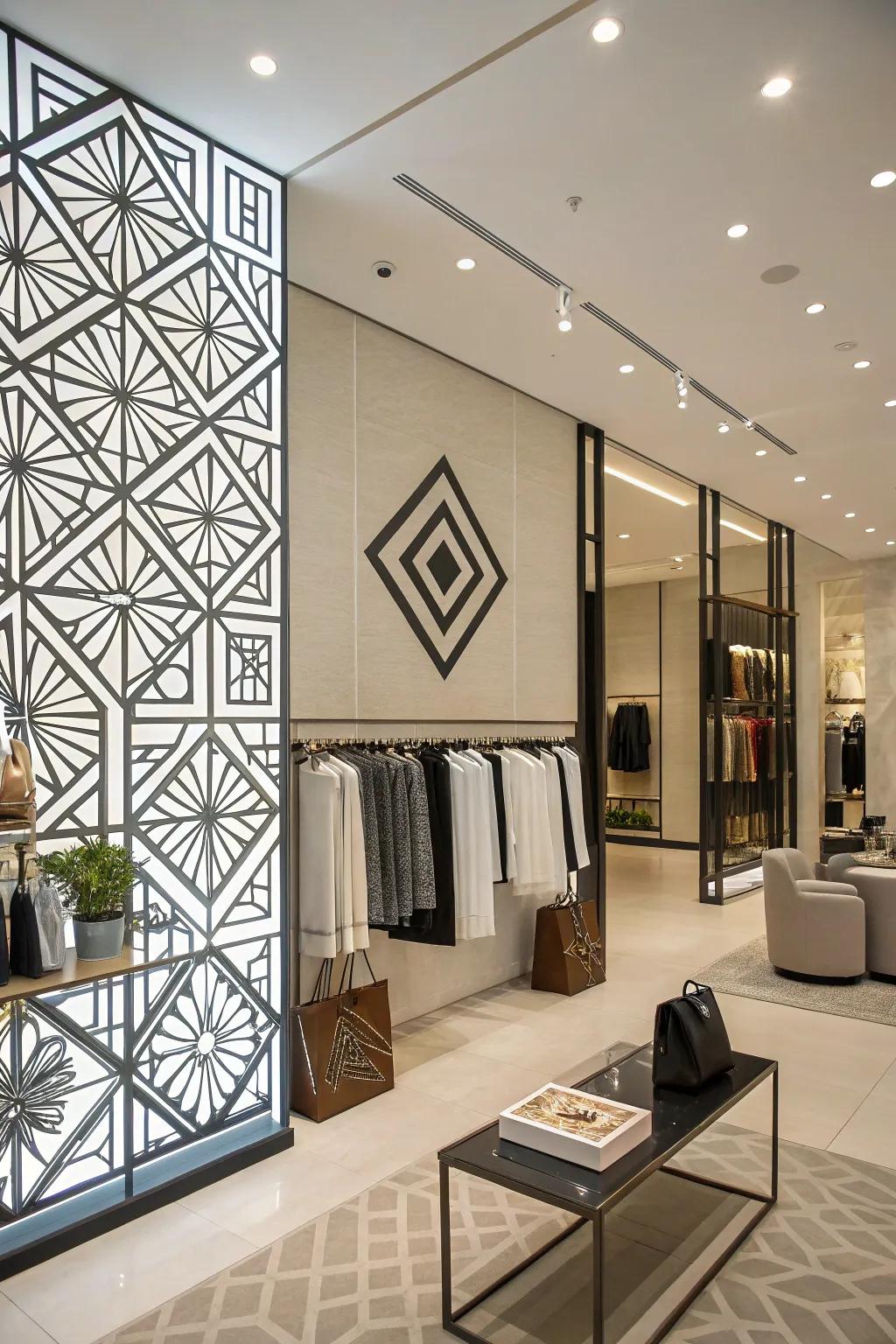 A geometric sign that adds a contemporary edge to the boutique's facade.