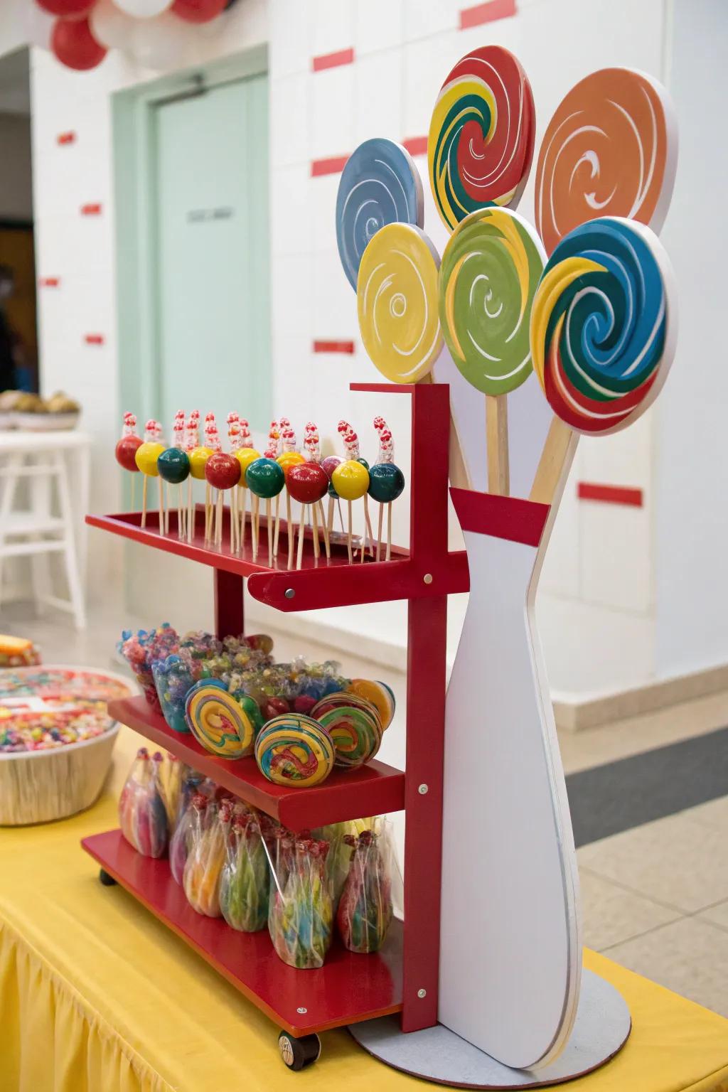Sweet lollipop stand featuring bowling pin cutouts for an amusing centerpiece.