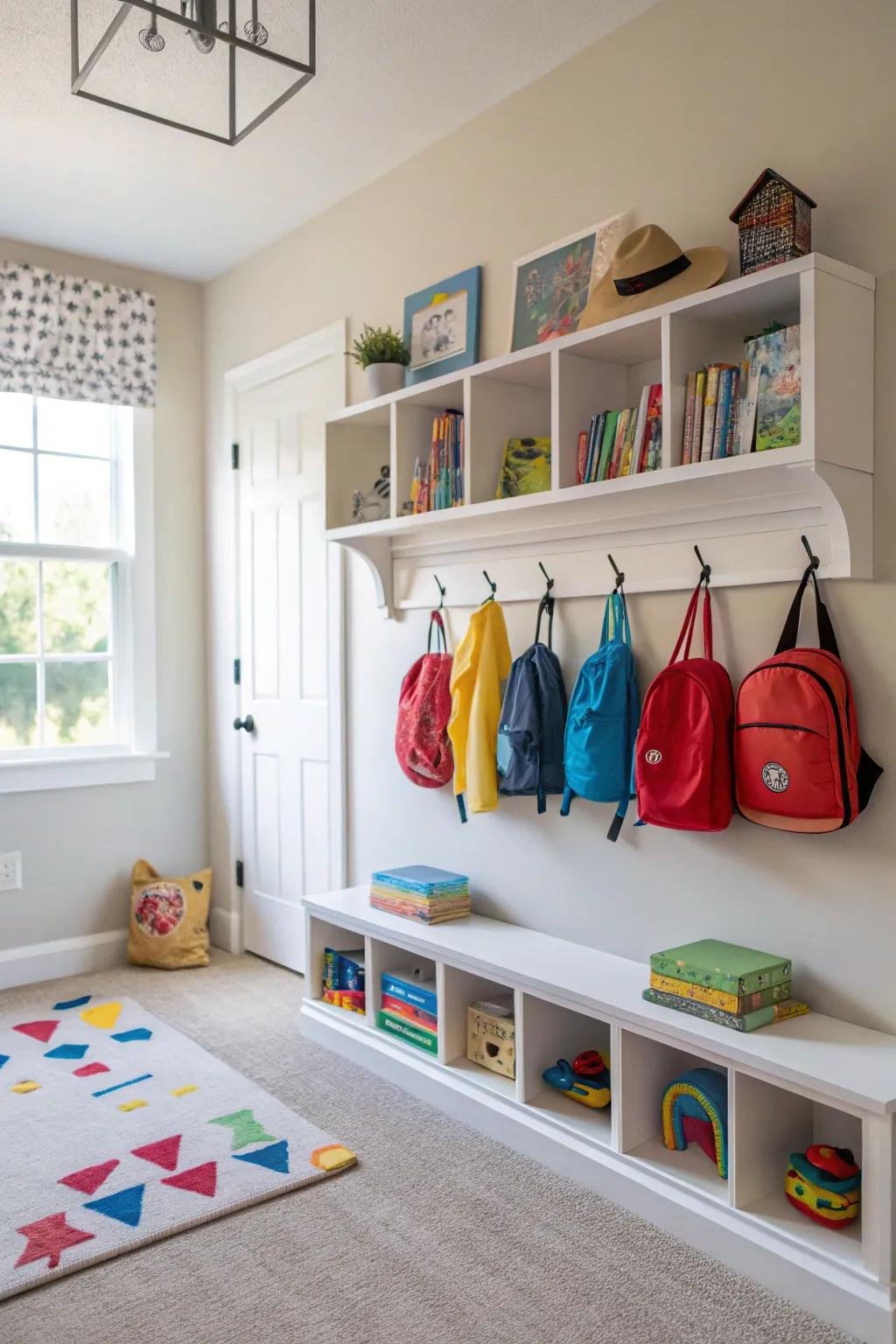 Vertical space being used to its maximum potential, creating an uncluttered and organized playroom.