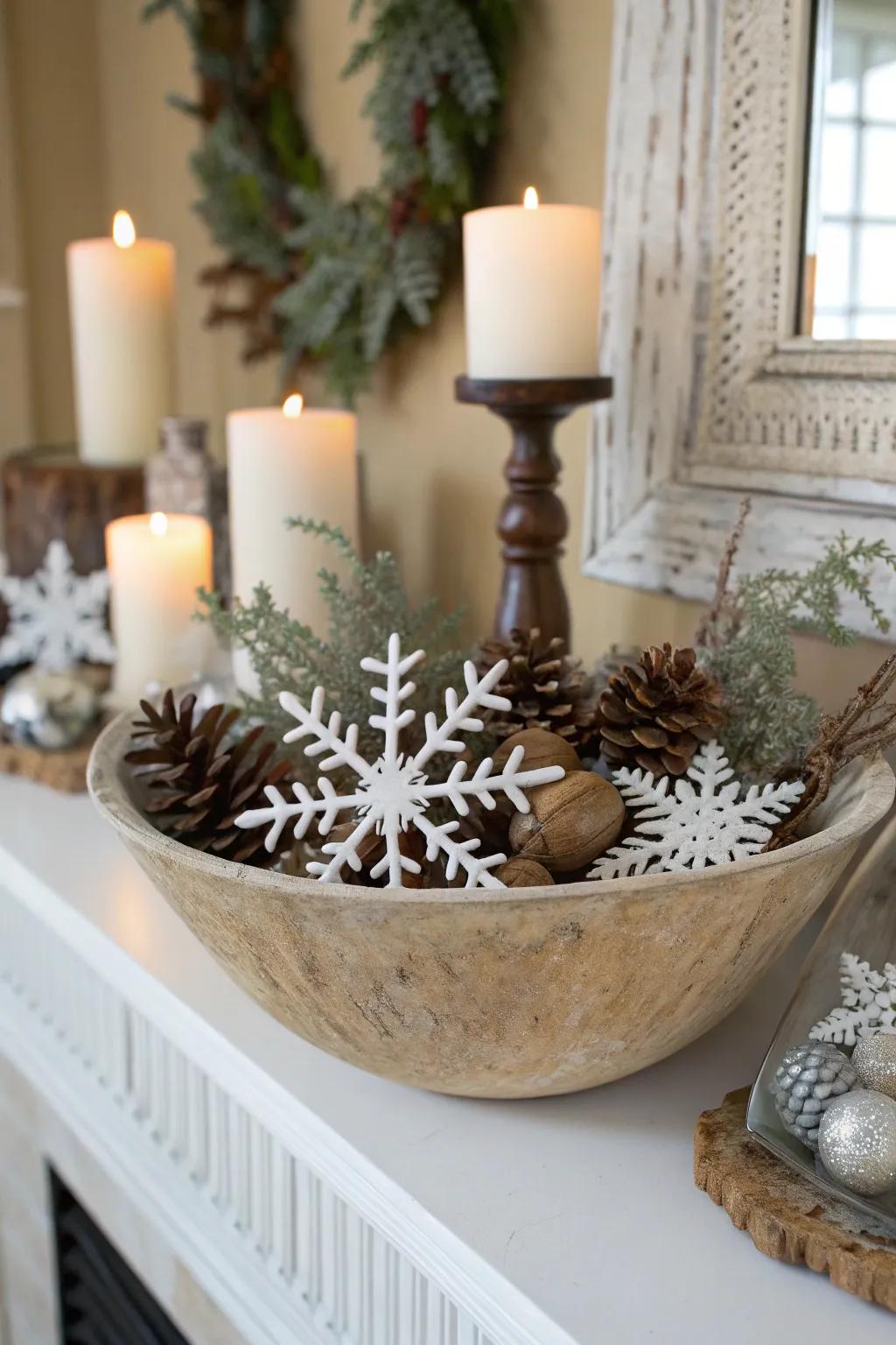 A cozy winter scene featuring snowflakes and branches