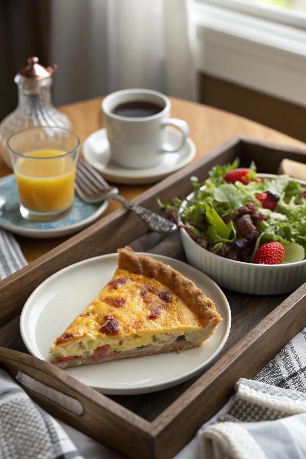 Savory tart offers a sophisticated breakfast option.