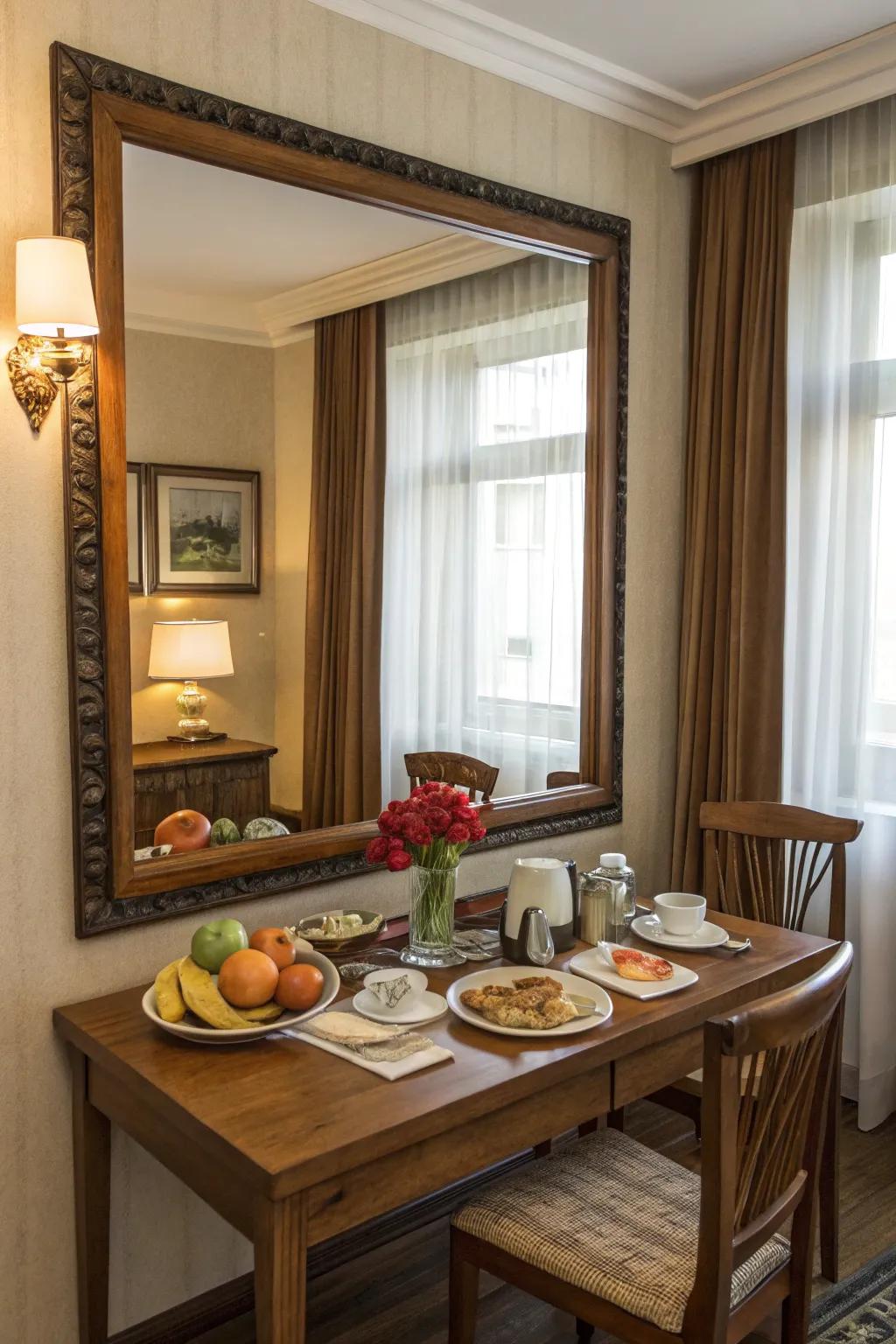 A mirror can bounce light and make the nook look bigger.