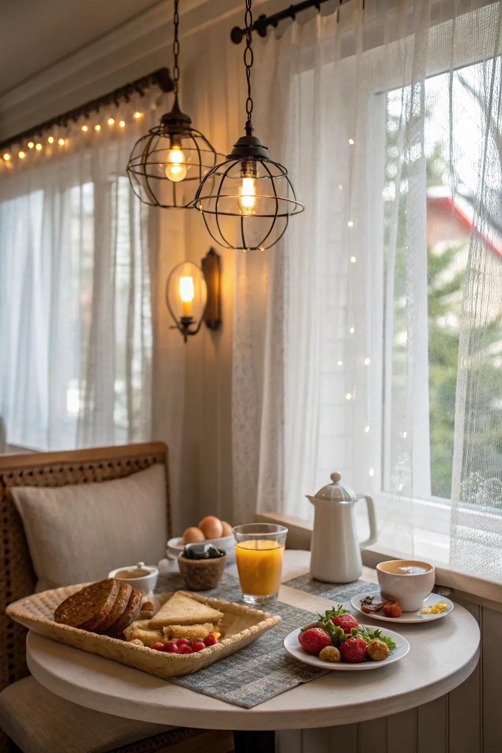 Soft-toned lighting enhancing the serenity of a breakfast nook.