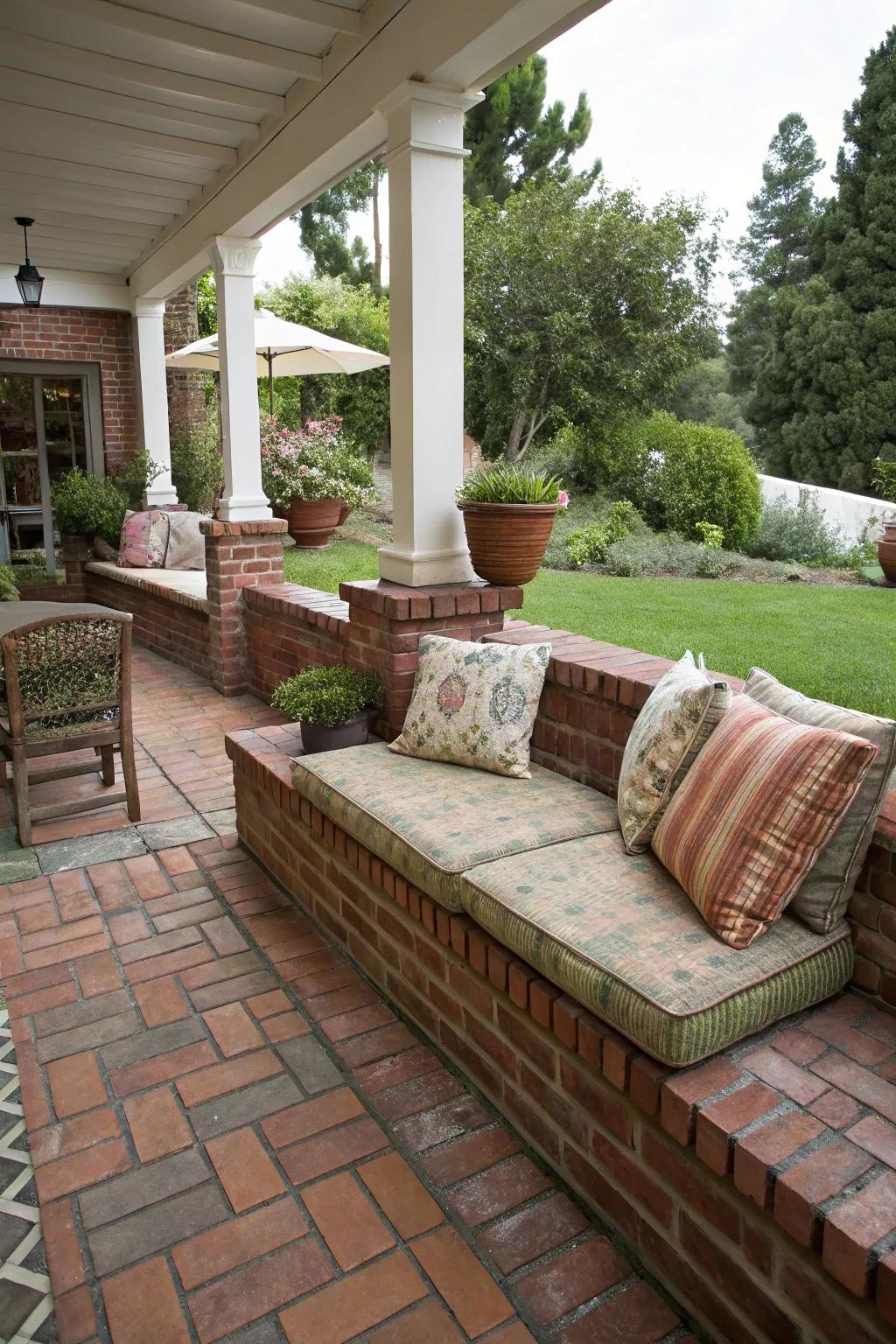 Built-in blockwork seating maximizes expanse and elevates outdoor comfort.