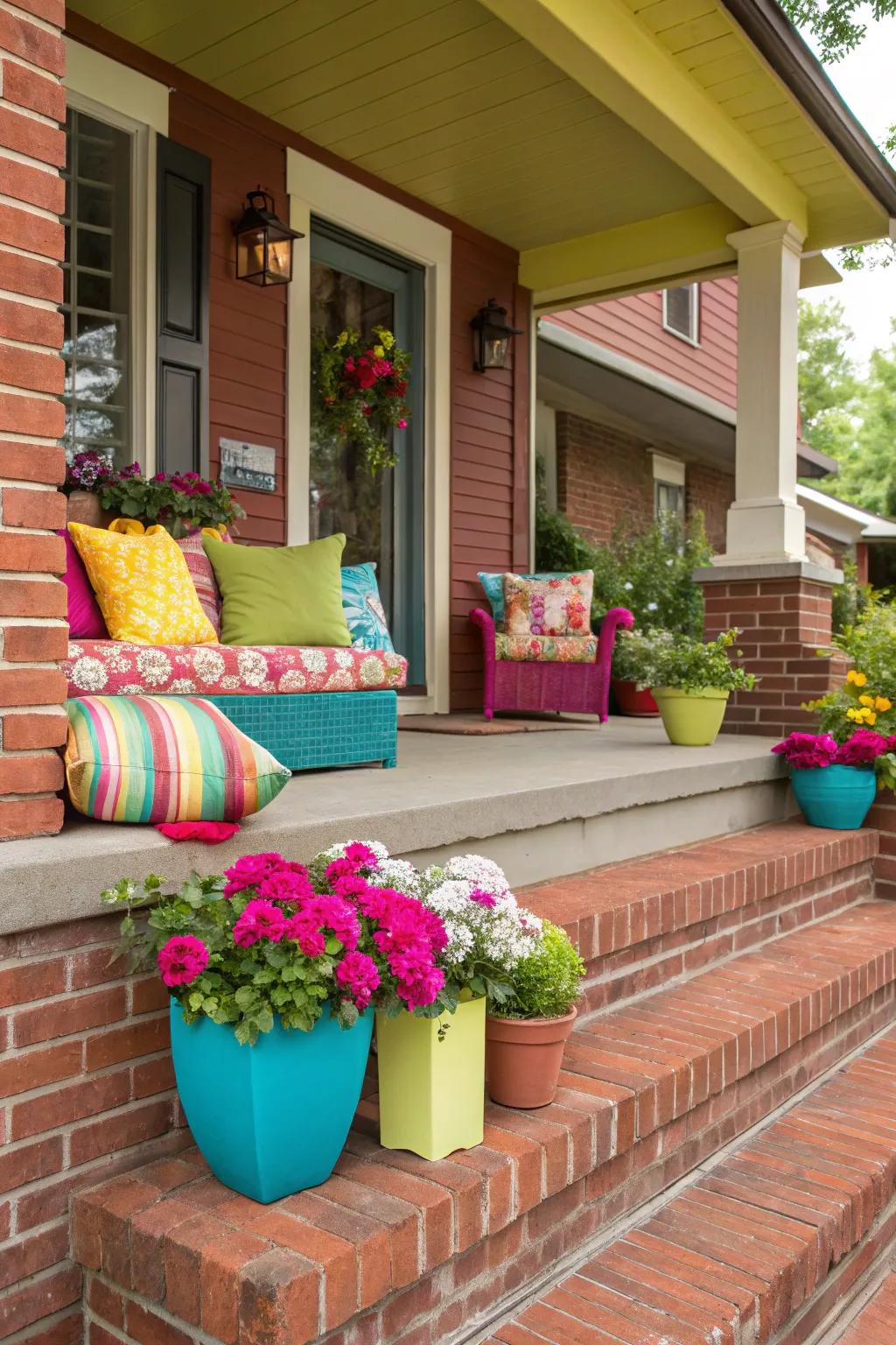 Bold color accents bring vibrancy and energy to this inviting porch.