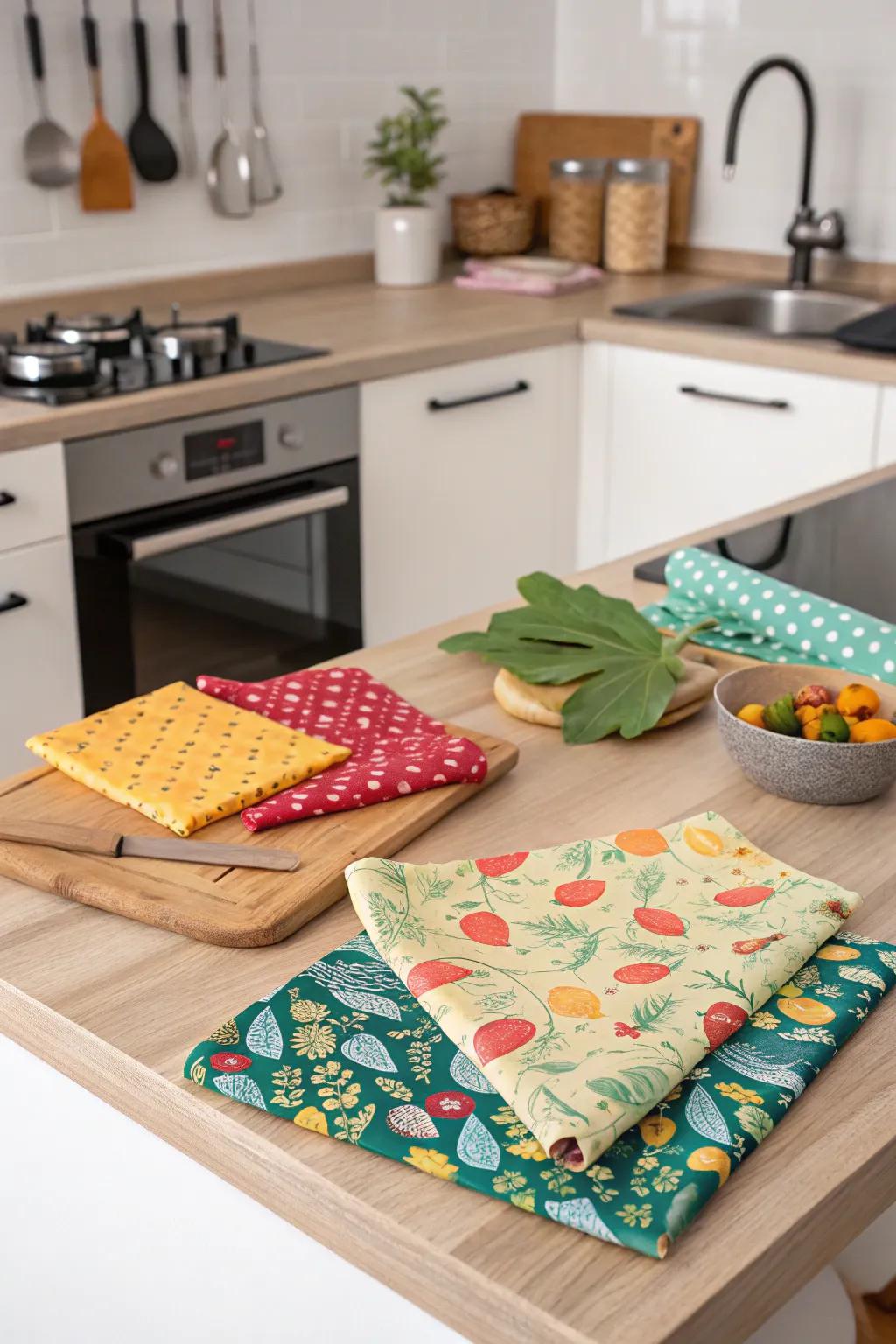 Sustainable kitchen options with environmentally friendly beeswax textiles.