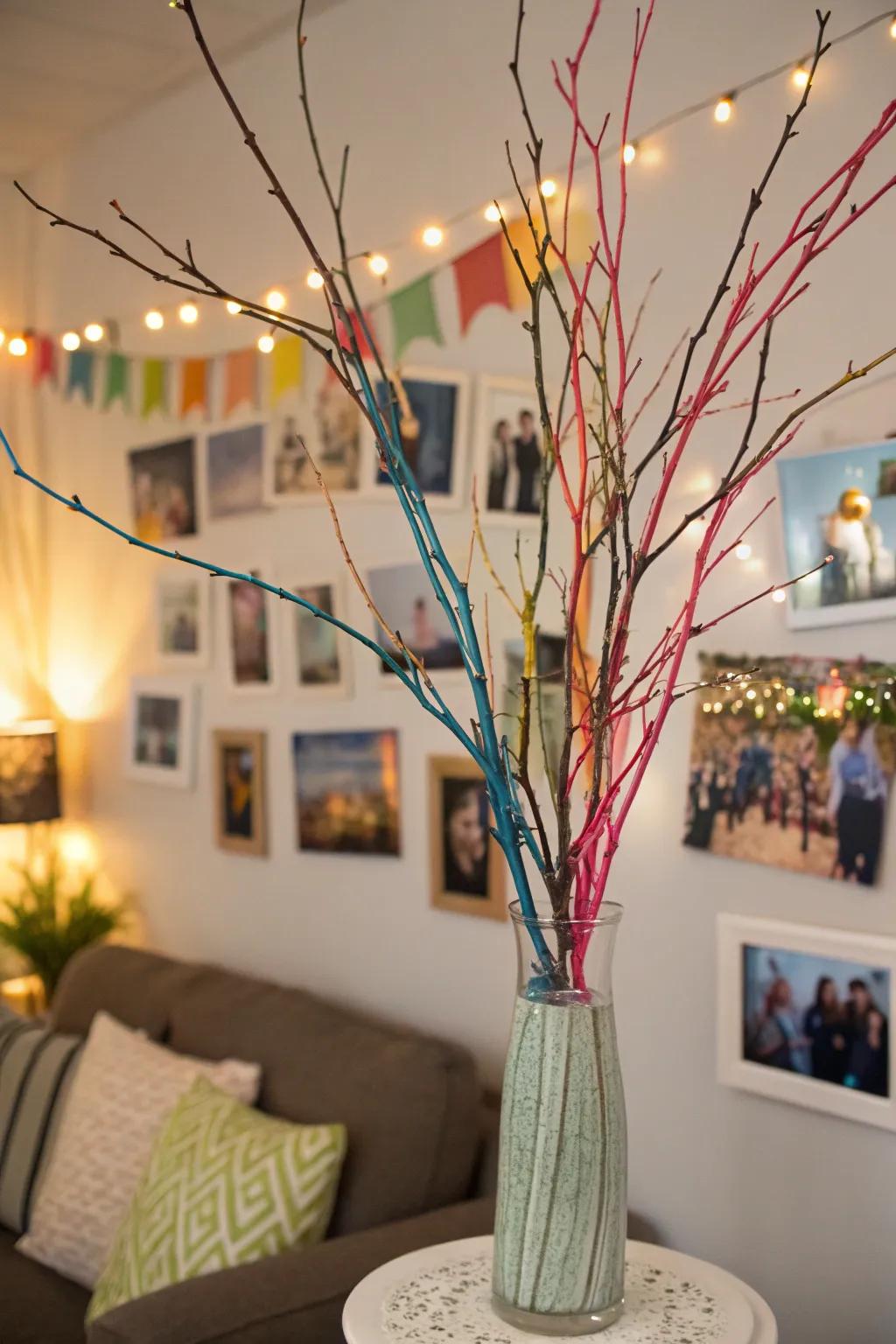Artistic image display utilizing tree branches.