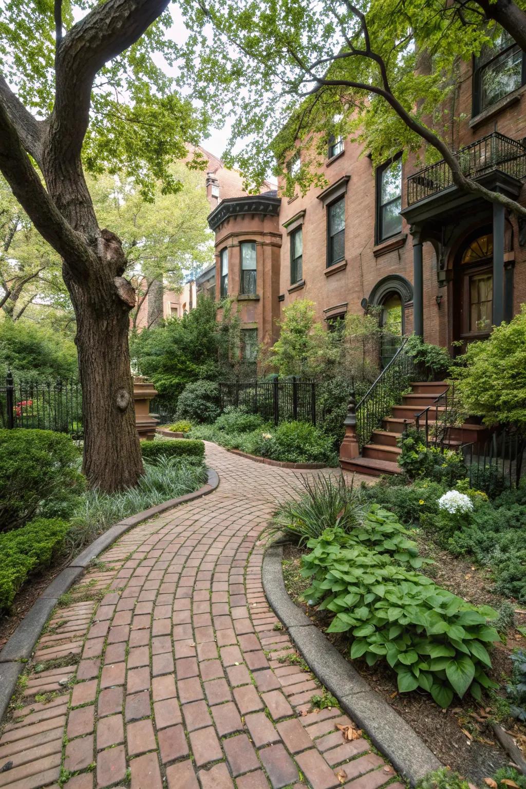 A brick pathway adds a classic touch to the backyard.