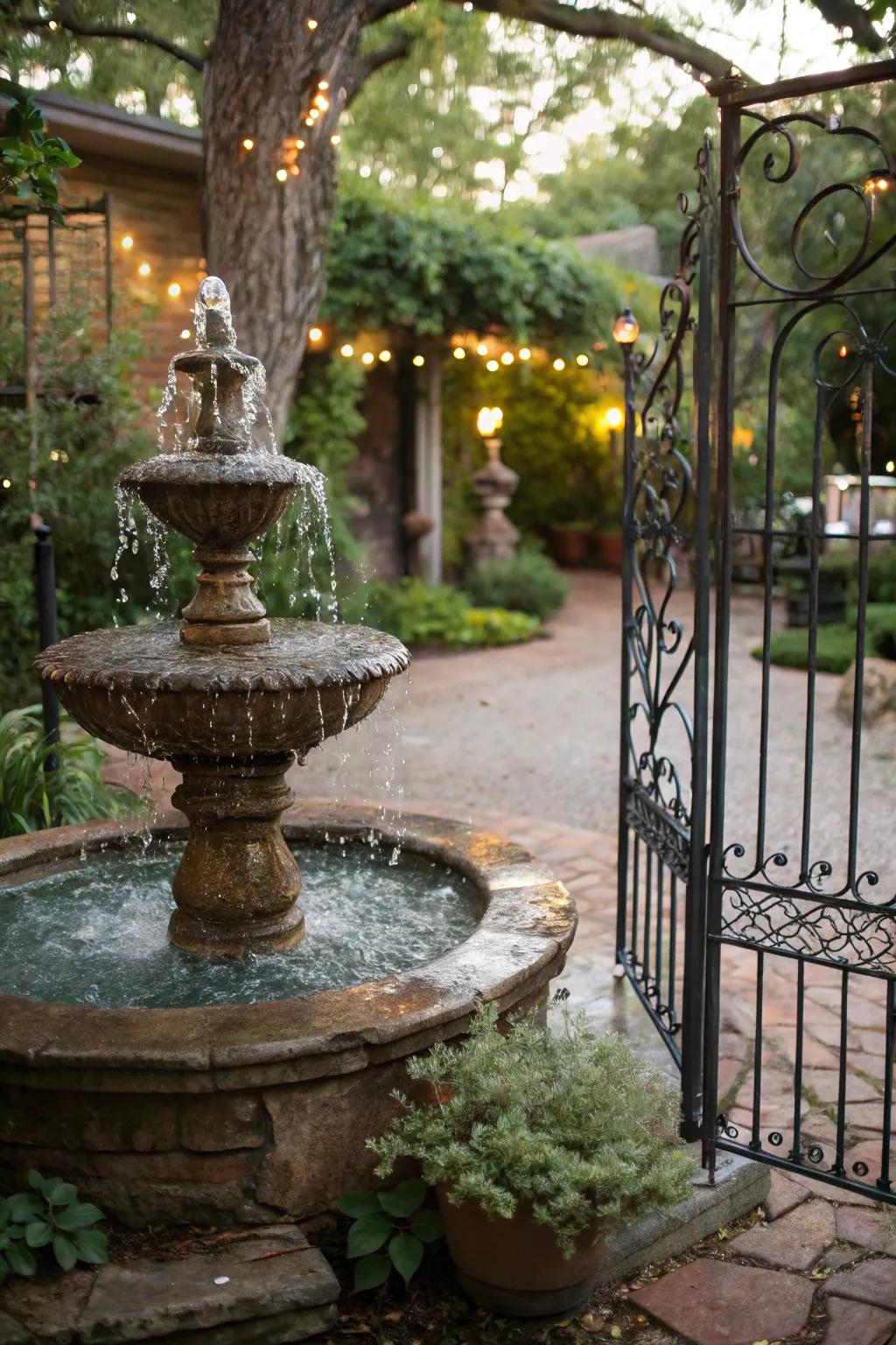 Vintage pieces offer timeless charm to this garden fountain.