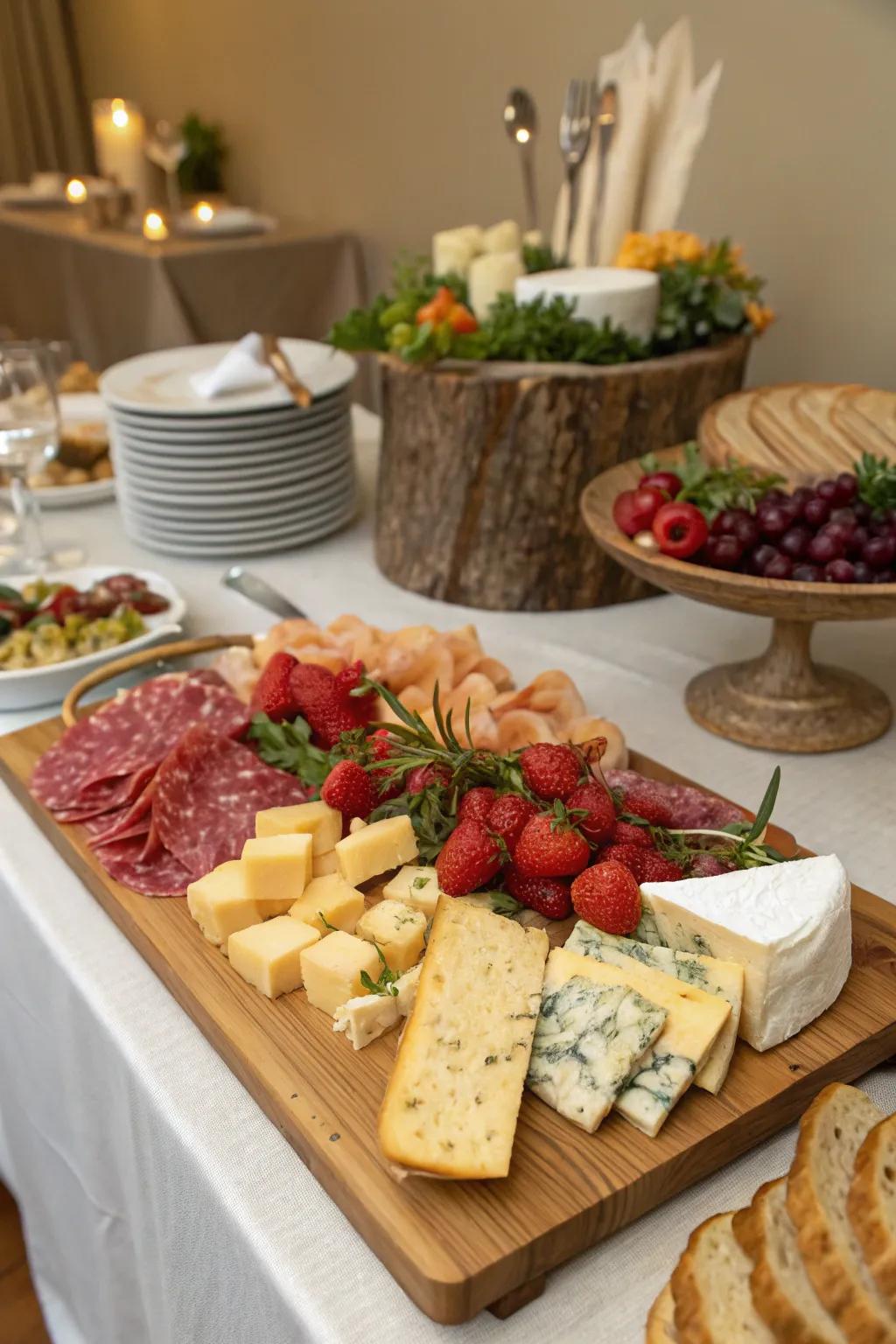 An array of cheeses and meats elevates your buffet with gourmet flair.