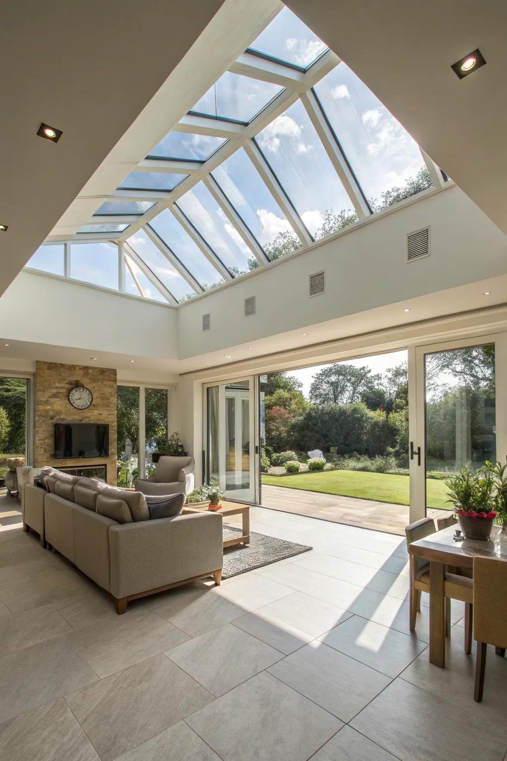 Skylights and open layouts create bright, airy spaces that conserve energy.