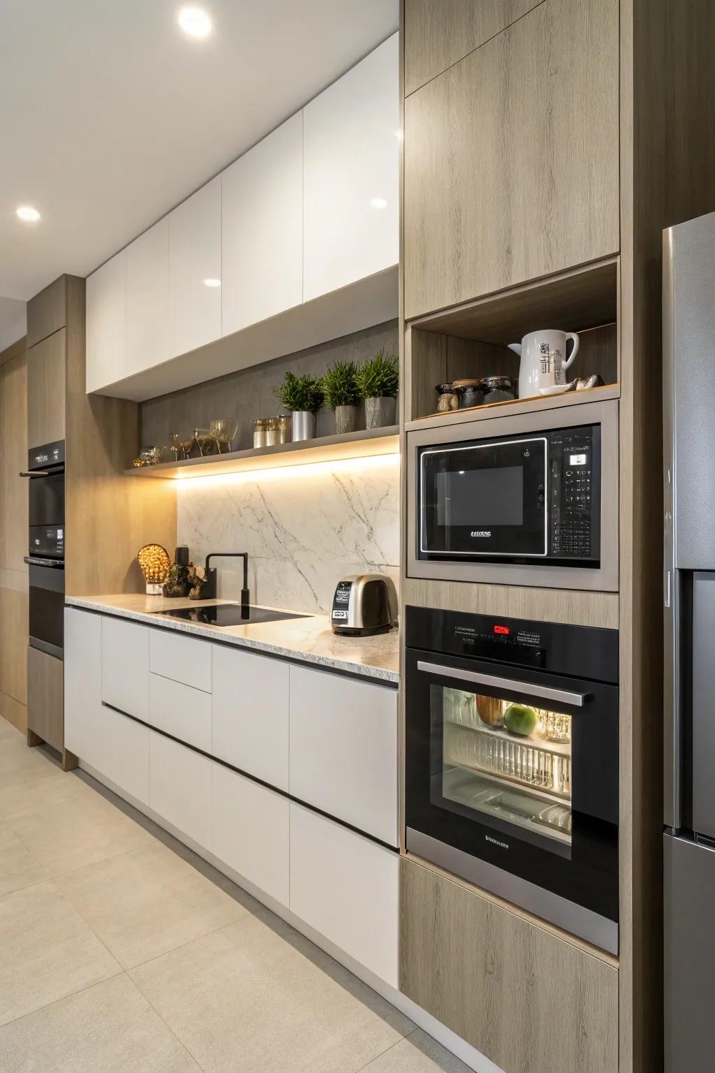 A wave oven cleverly nestled in a wall niche for a unique presentation.