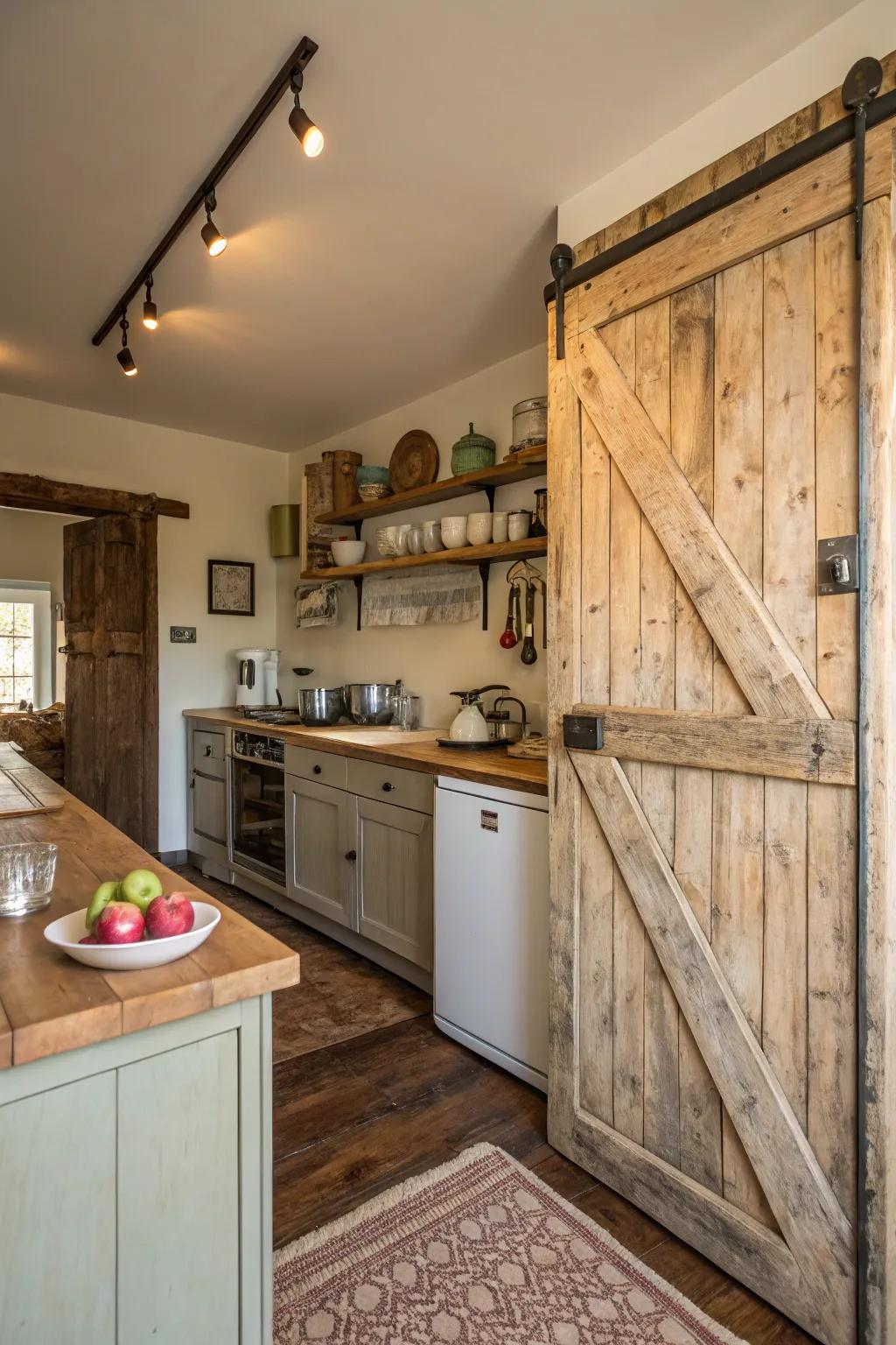 A cottage kitchen featuring space-saving and stylish sliding barn doors.