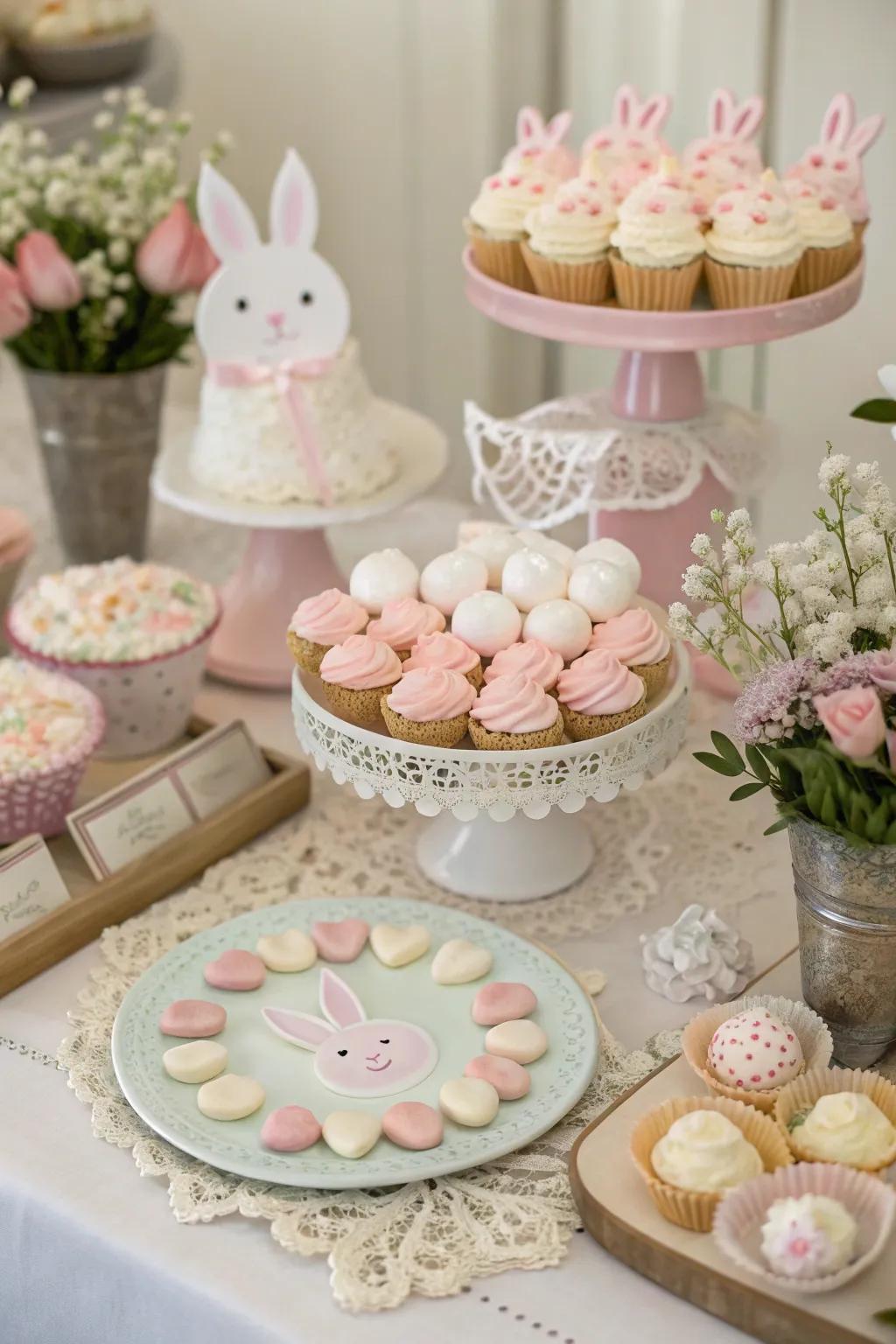 A charming sweet treat table filled with rabbit-inspired delights.