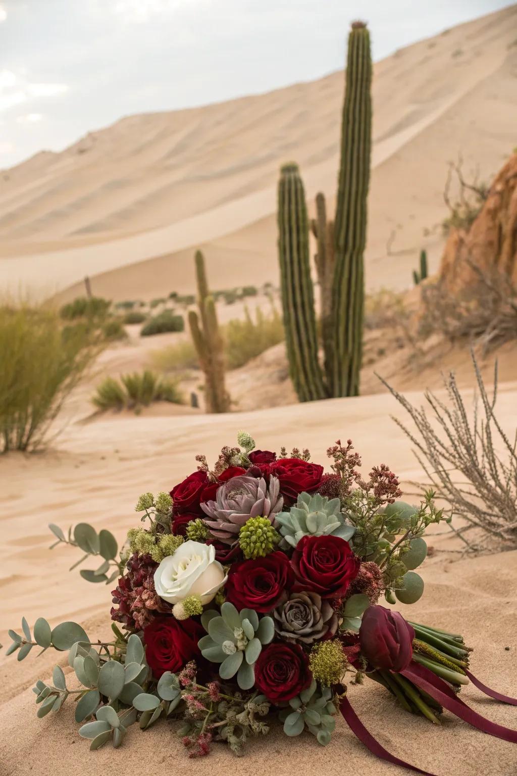 Deep red bouquet featuring unique fleshy plant accents.