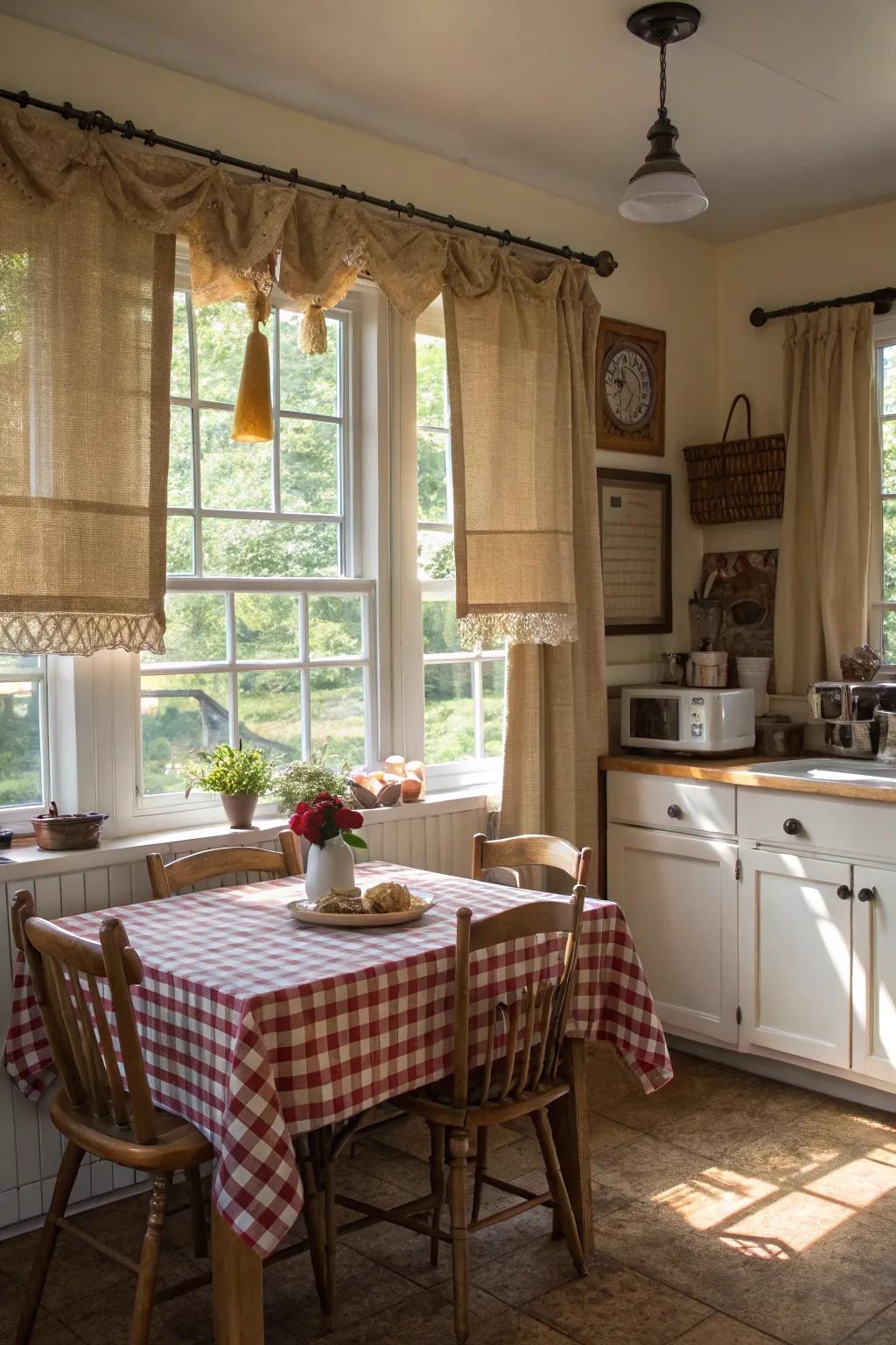 Charming country appeal featuring hessian bistro drapes.