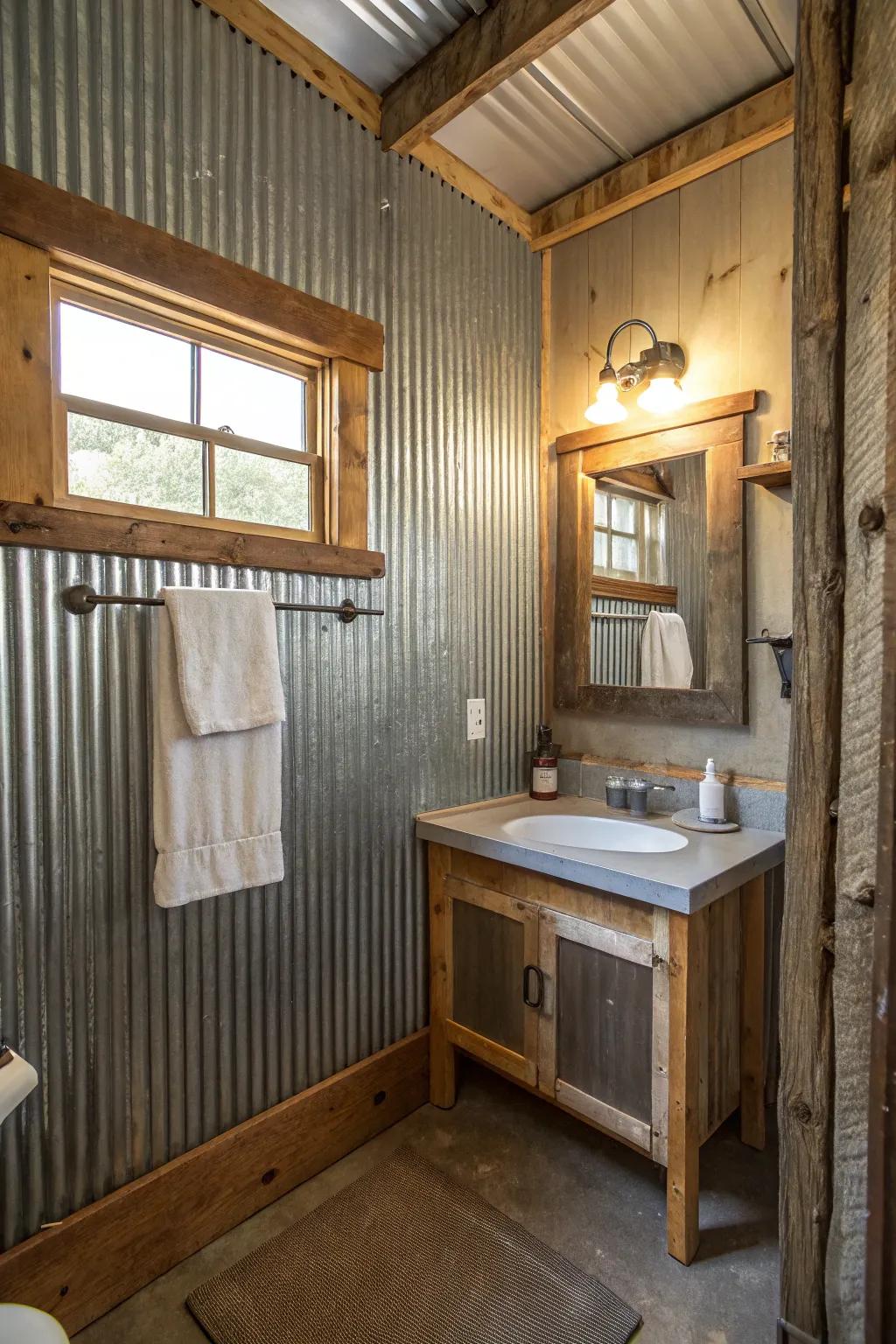 A cabin bathroom featuring wavy barn tin walls for an industrial touch.