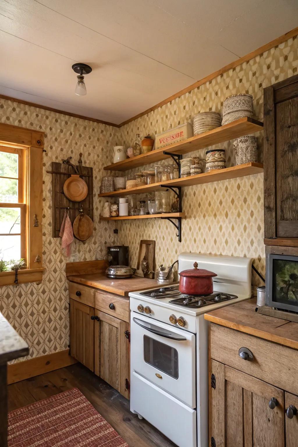 Textured wall covering introduces dimension and character to a cabin kitchen.