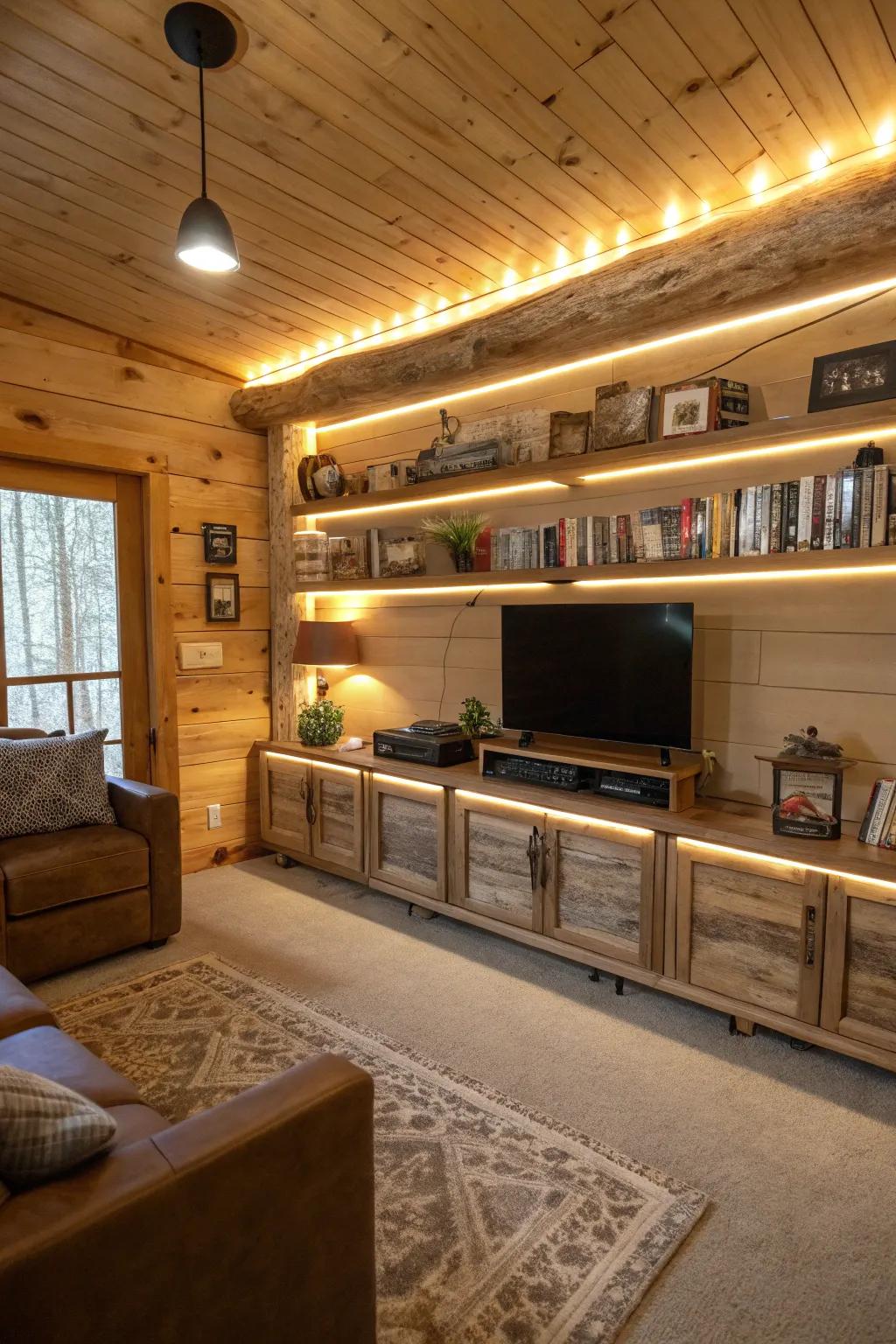 LED strips adding a modern-day touch to a cabin interior.