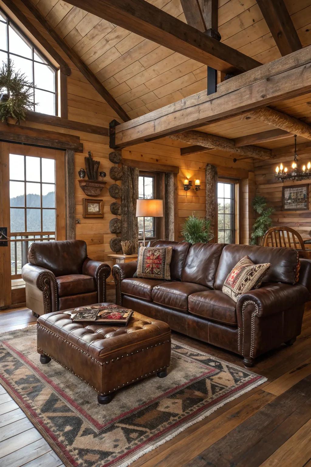 Rugged beauty is brought to the room with leather furniture.