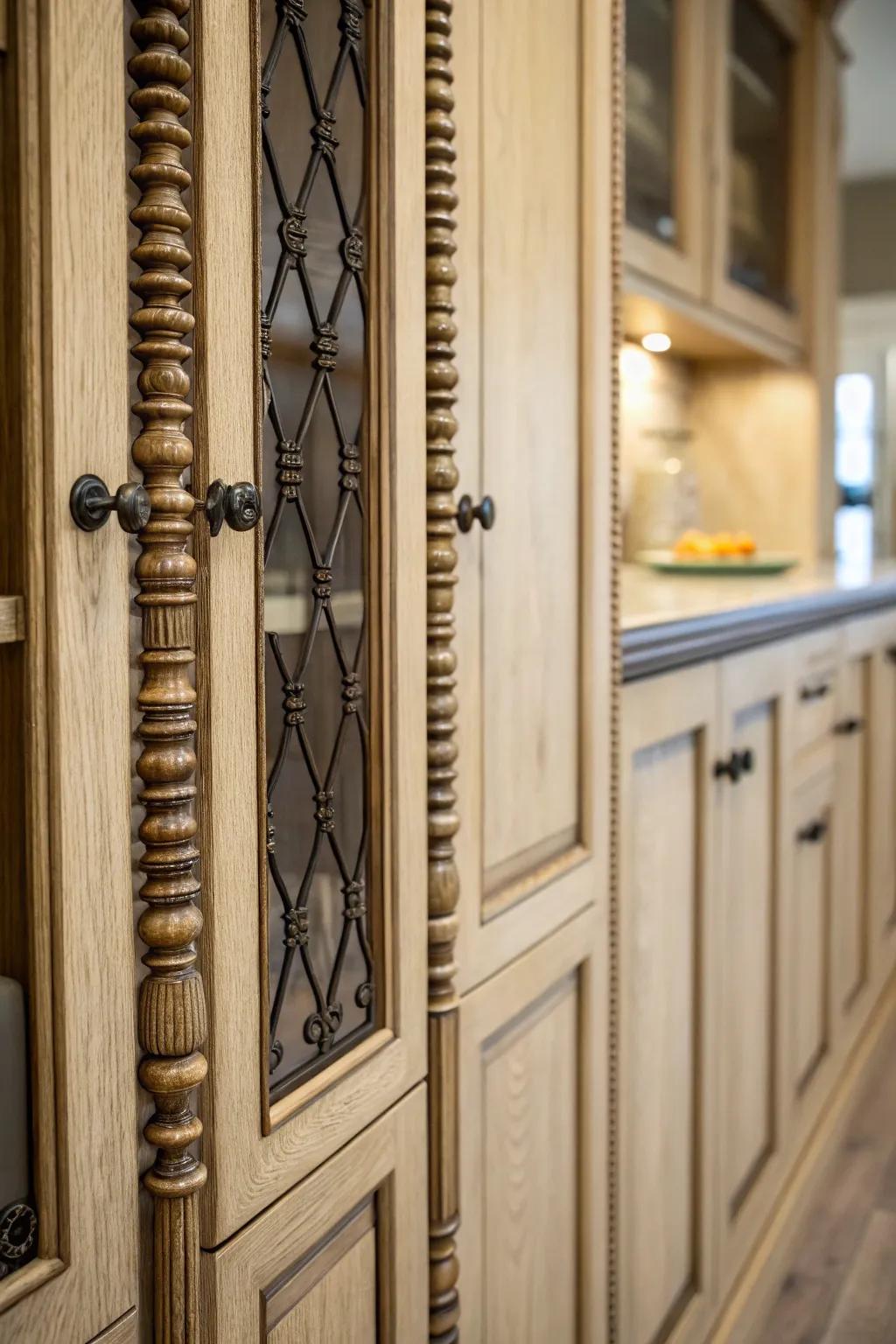 Stand designs add timeless beauty to cabinet doors.