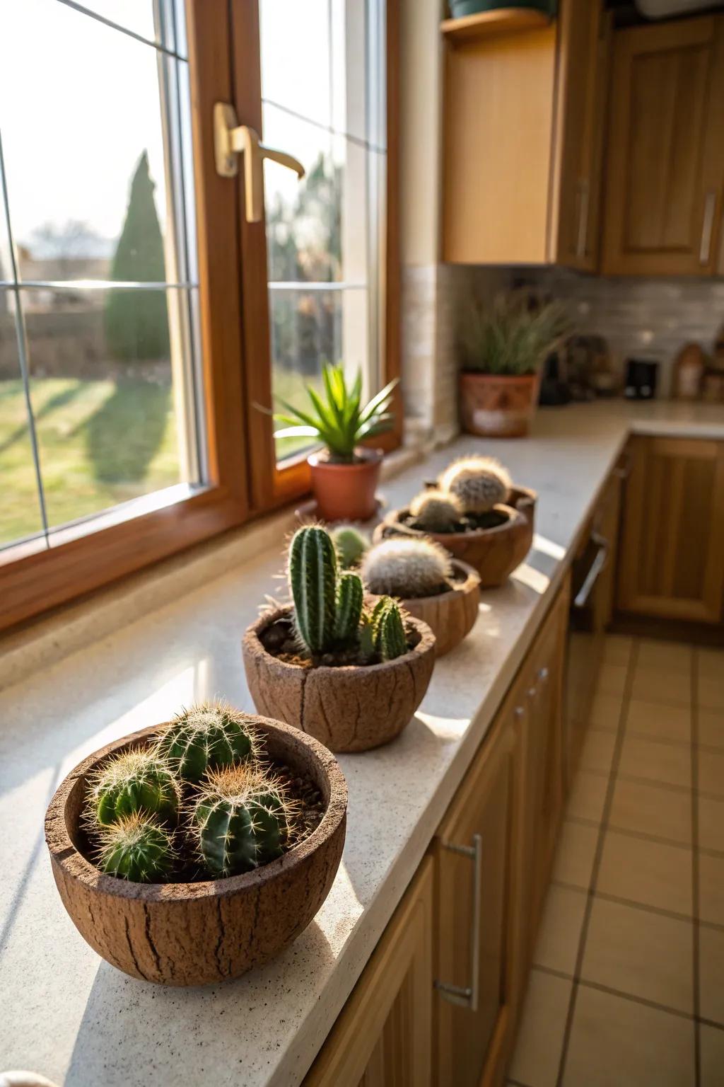 Coconut shells add a tropical touch when decorating with cacti.