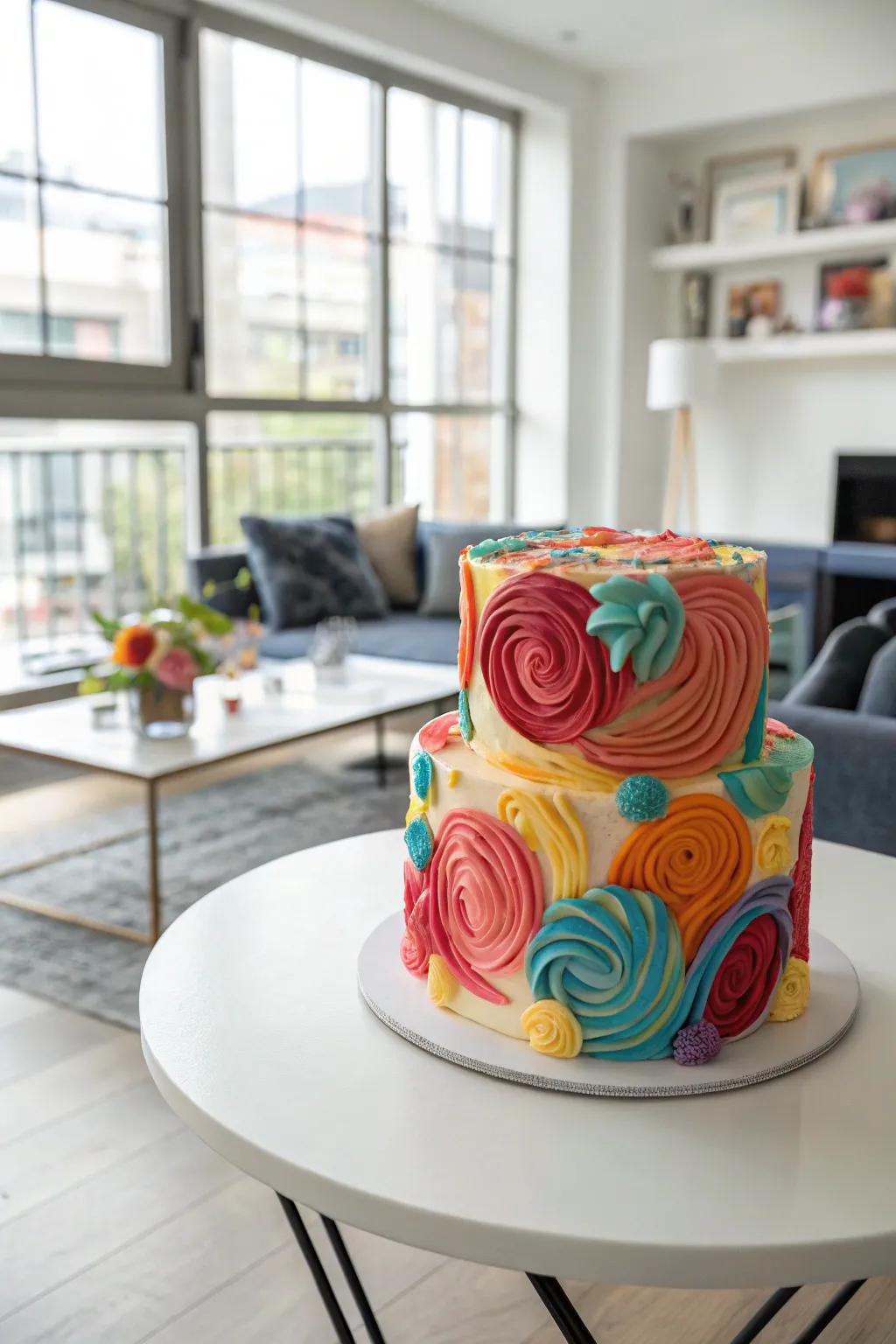 Distinctive abstract buttercream design for a creative cake