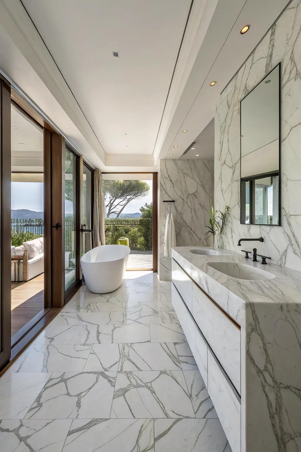 An open-concept bathroom featuring fluid shifts with Luminous Stone slabs.