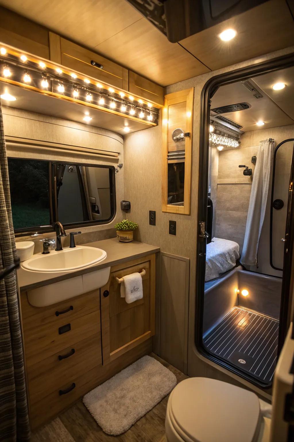 Adaptable and dimmable lighting in a camper van bathroom.