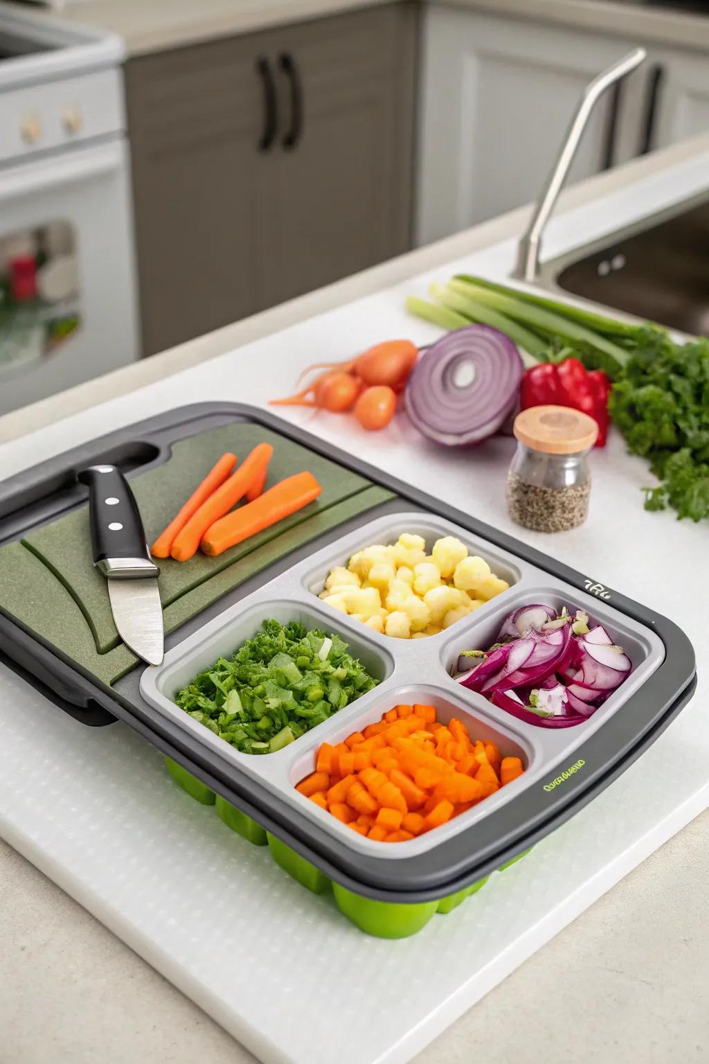 Simplify meal preparation with a cutting surface that also provides storage.