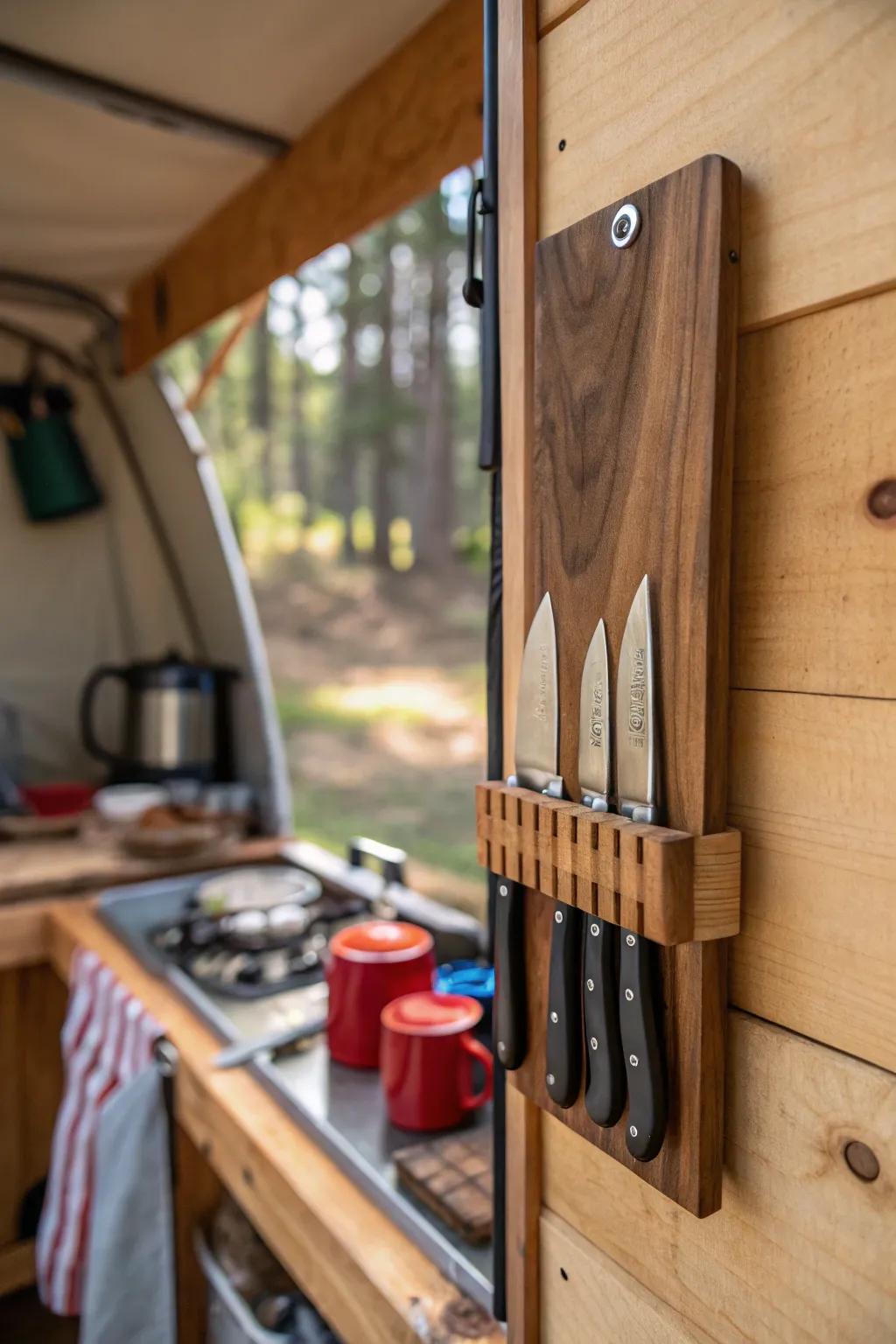 With a magnetic holder, keep your knives safe and helpful.