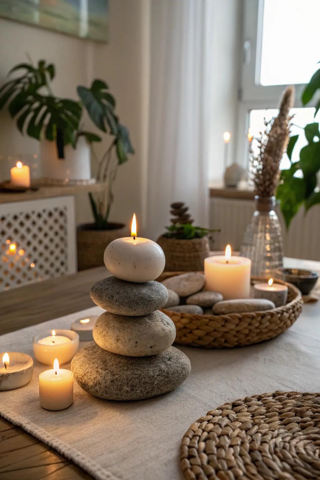 Lights on stones deliver a serene and Zen-like centerpiece.