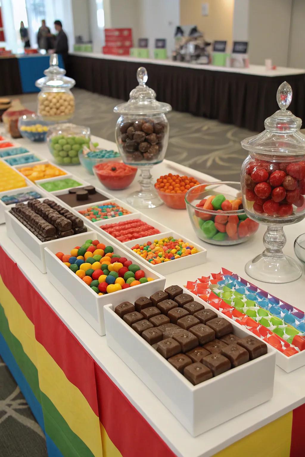 Themed zones catering to different candy preferences.