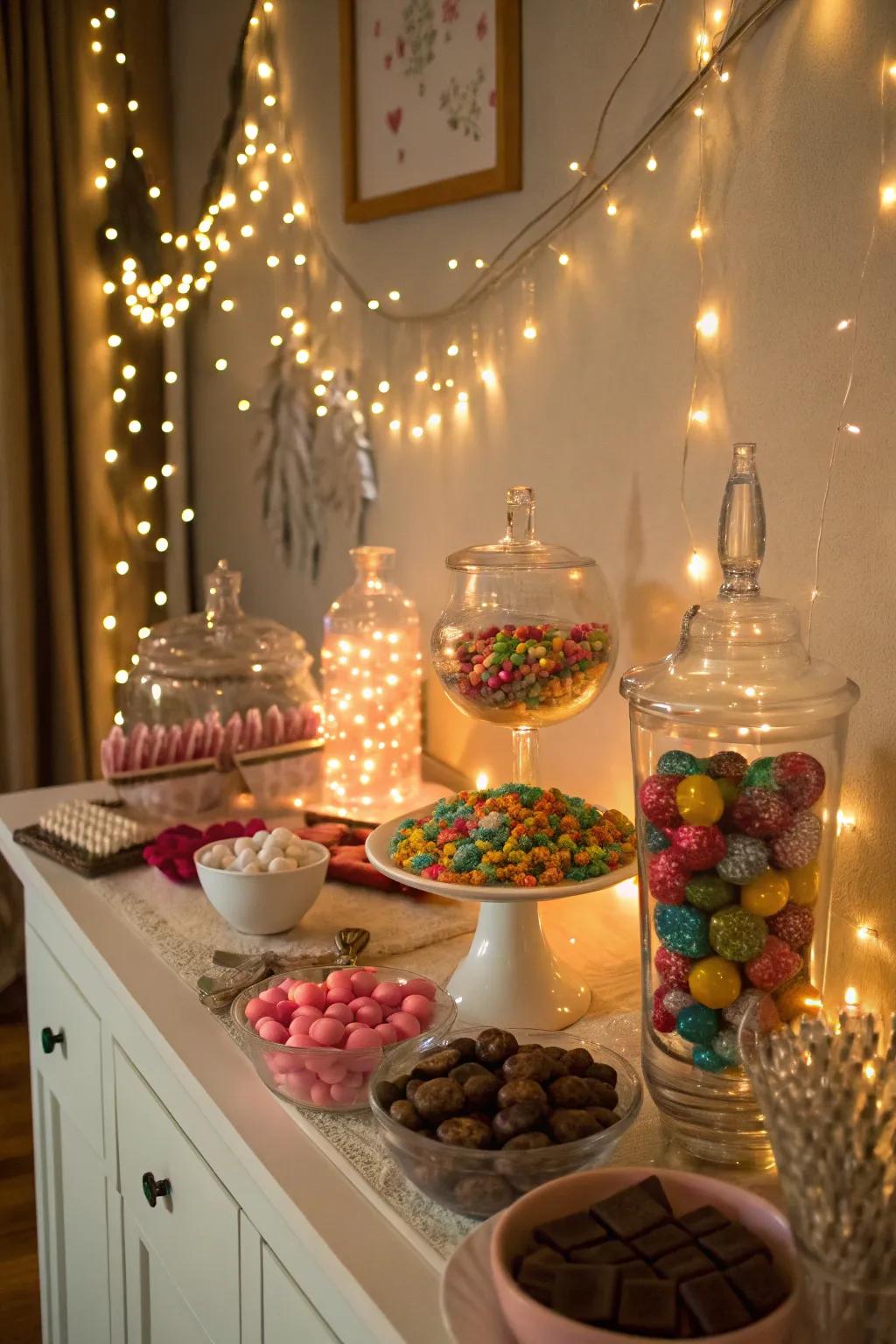 Twinkle lights adding a magical touch to the candy table