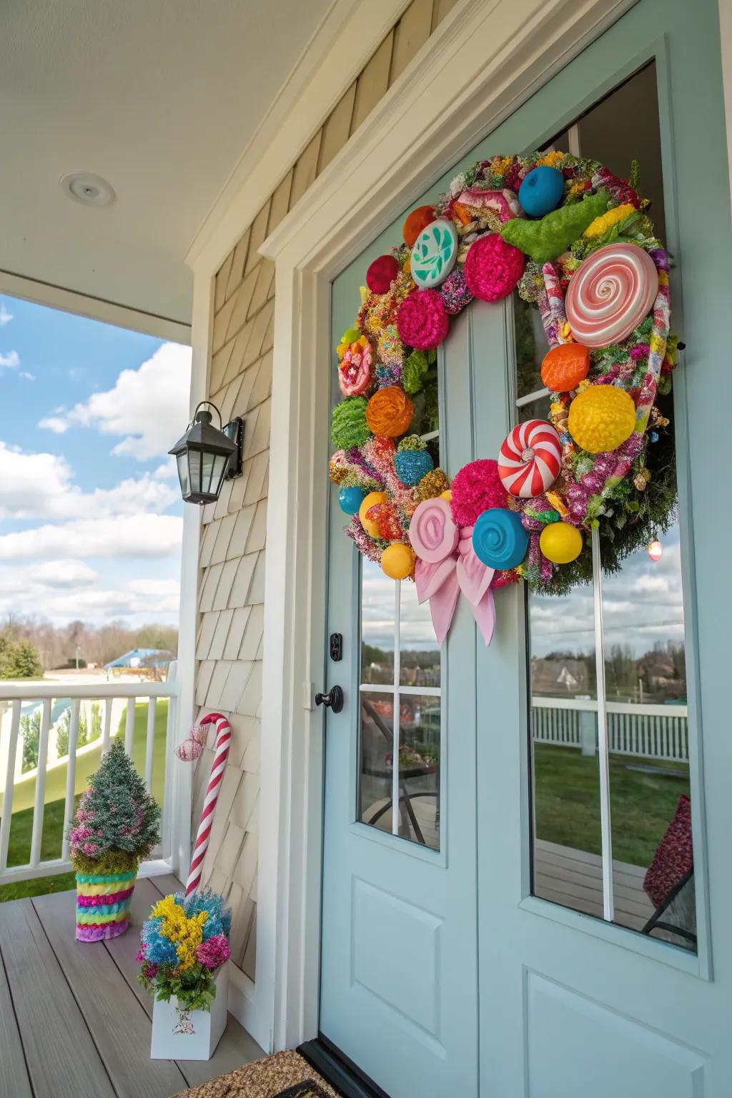 A sweetscape wreath offers a colorful and sweet welcome.