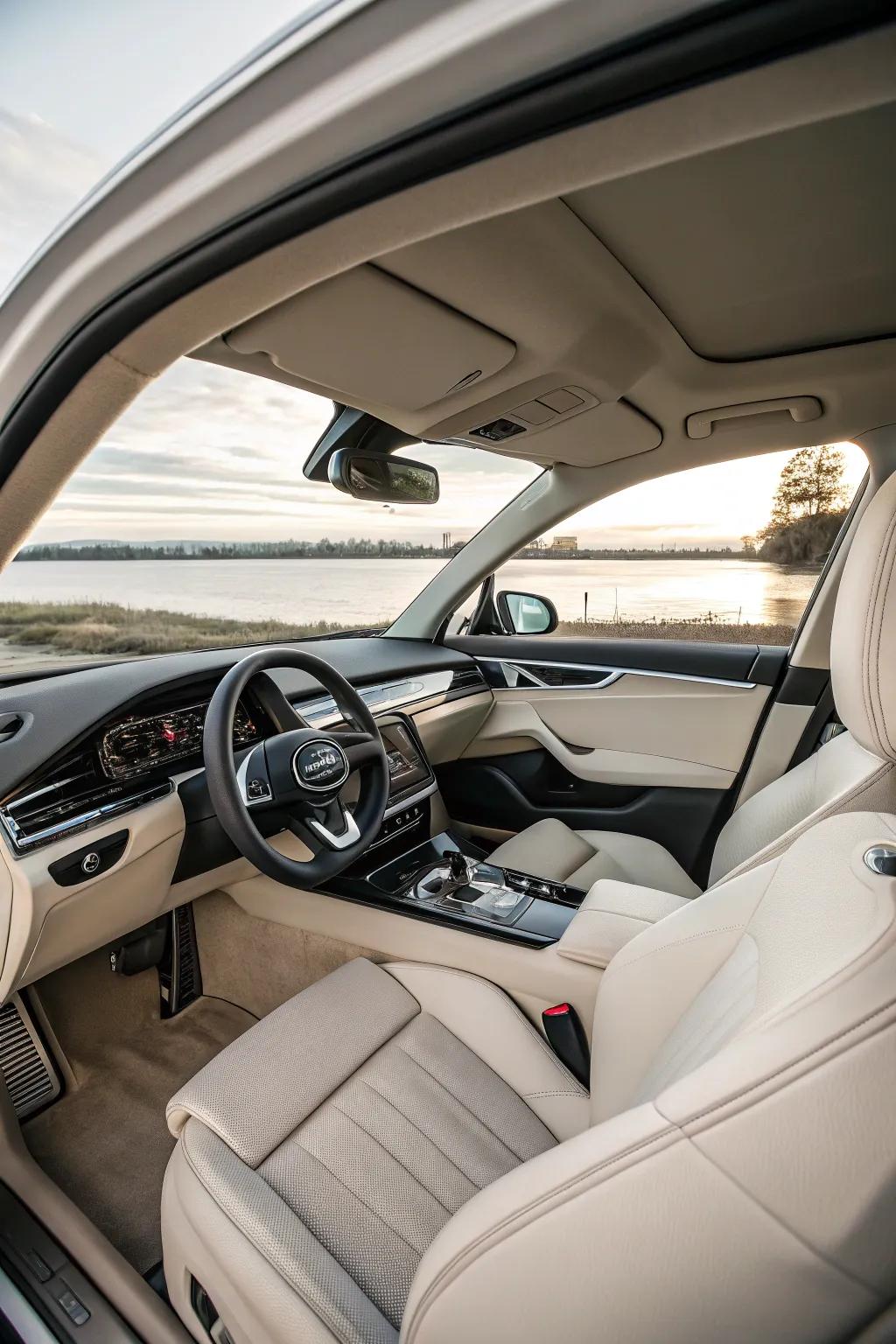 A minimalist car interior, providing a tranquil and serene driving experience.