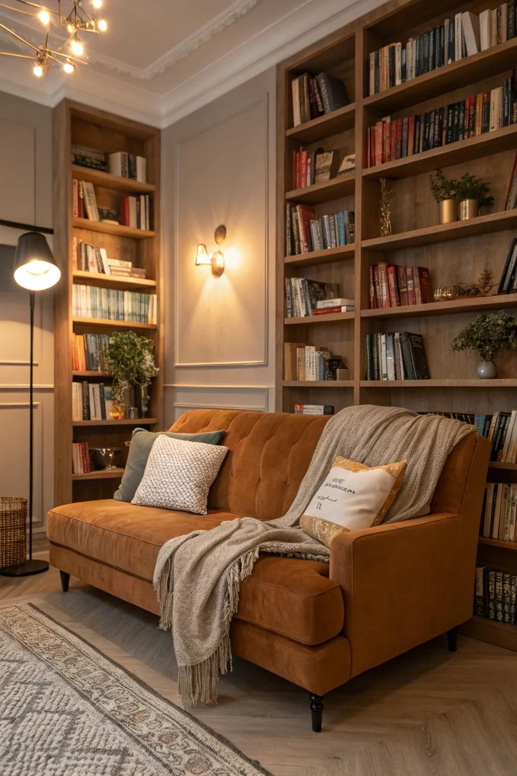 A tawny sofa crafts a perfect central element for a snug reading nook.