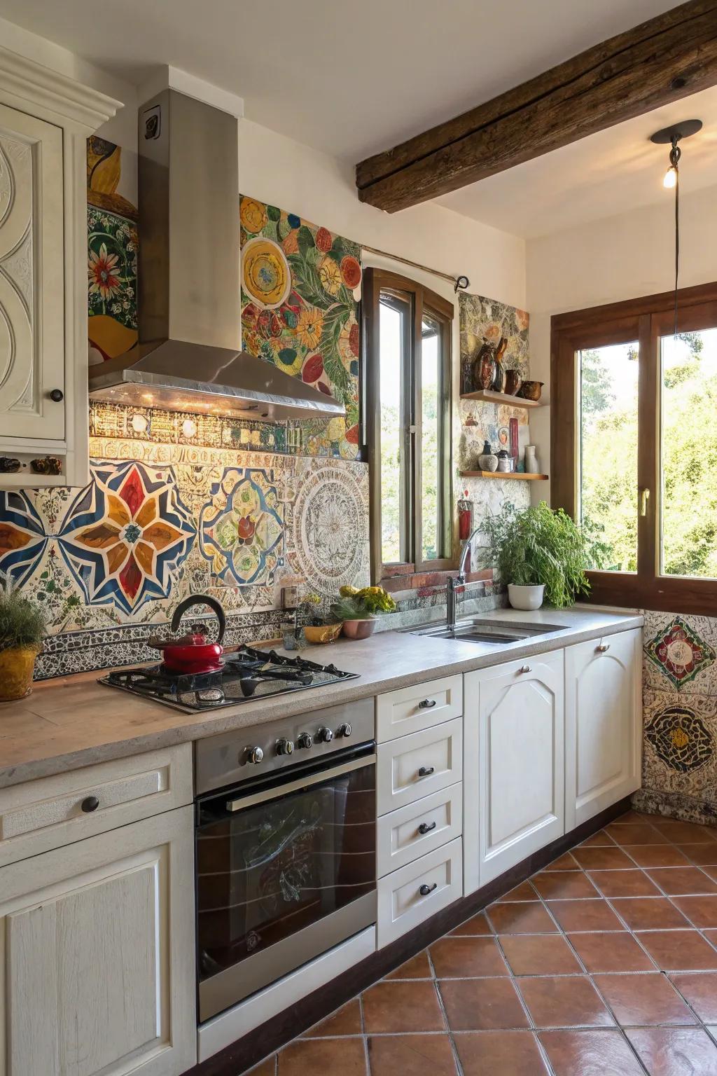 Mosaic tiles add artistic flair and vibrant patterns.