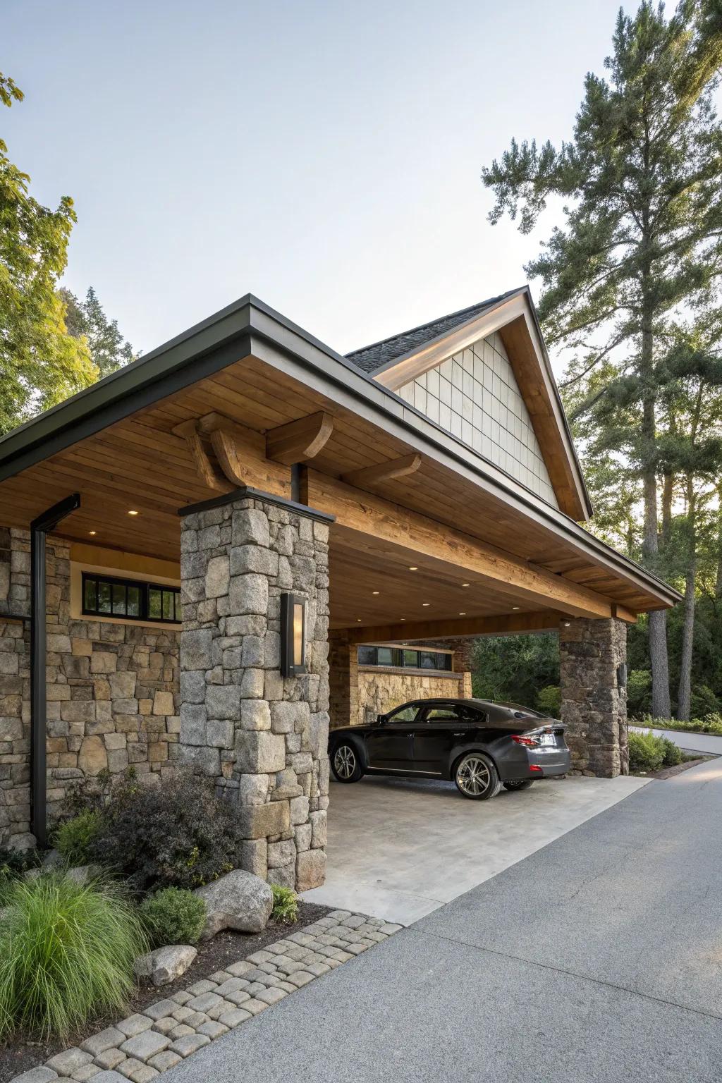 A stone and timber carport with harmonious design.