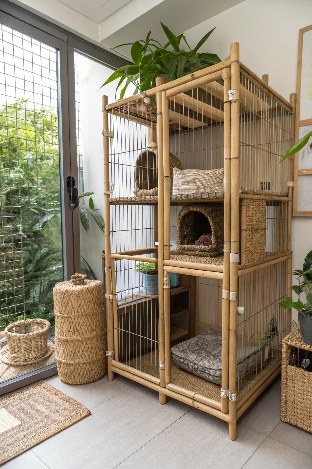 Eco-conscious materials enhance the cat enclosure with sustainability.
