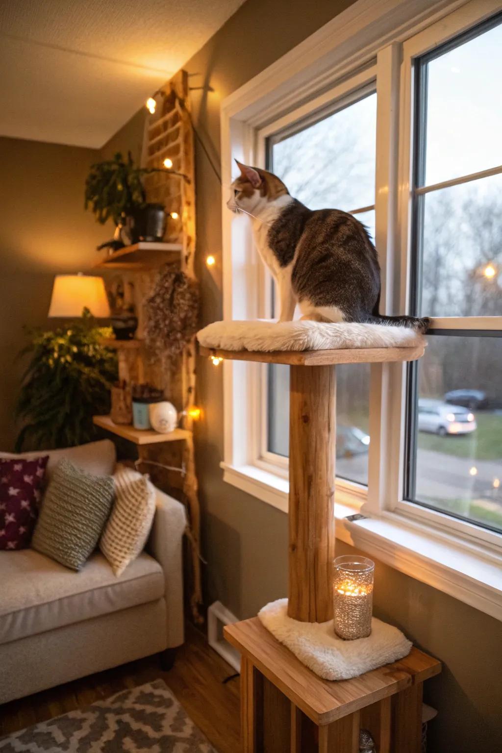 A nook platform provides a cat with a perfect high vantage point.