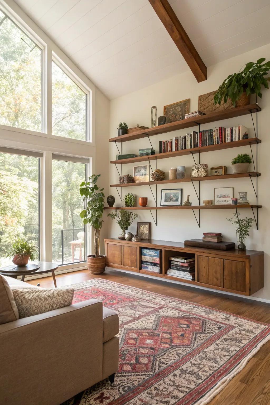 Hanging shelves provide stylish storage and display options.