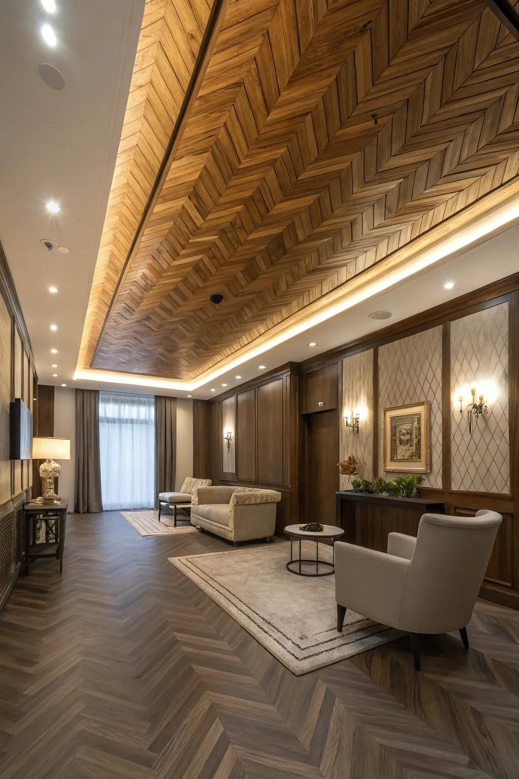 Artistic flair with a herringbone wood ceiling.