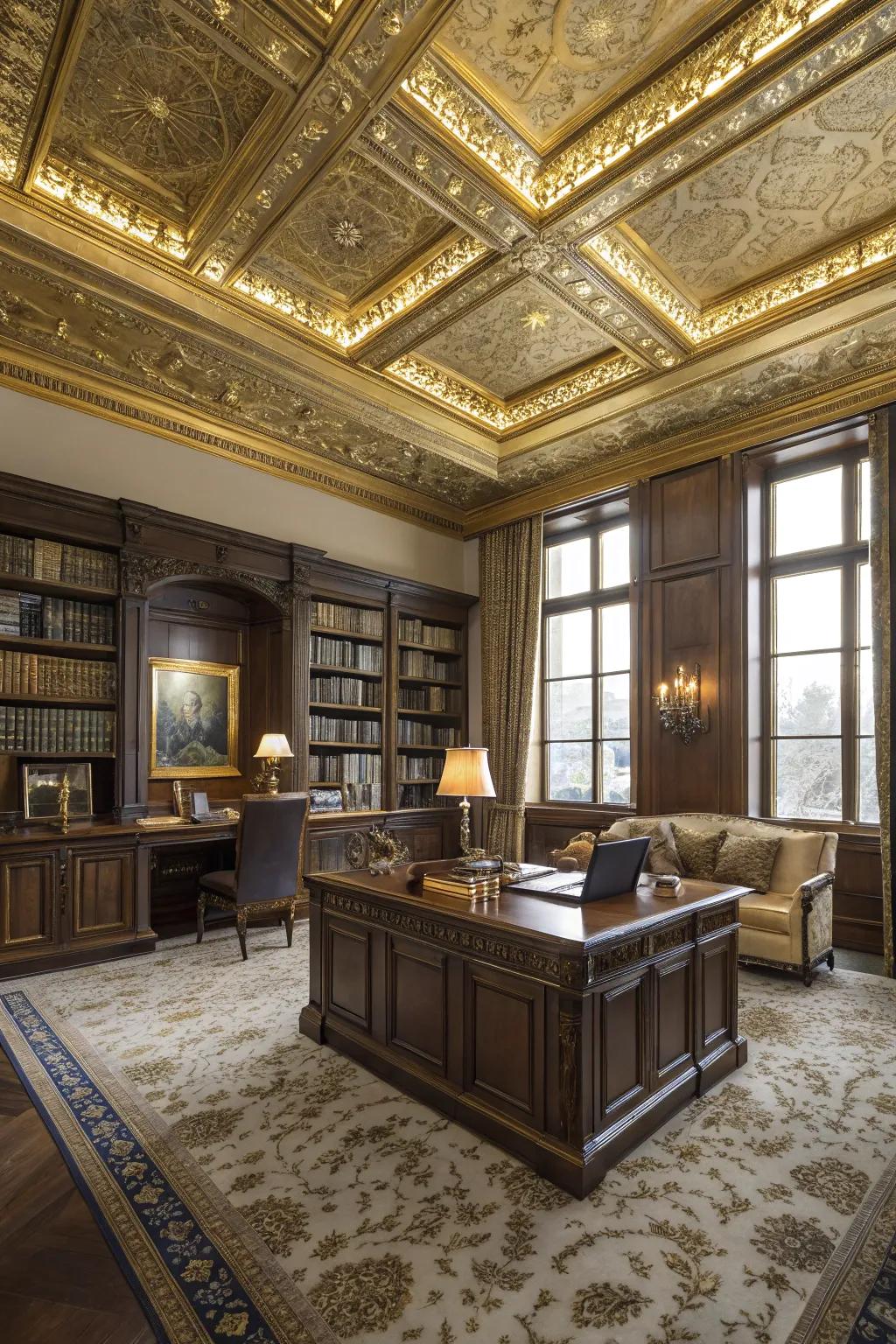 A luxurious study showcased with gilded ceiling shingles.