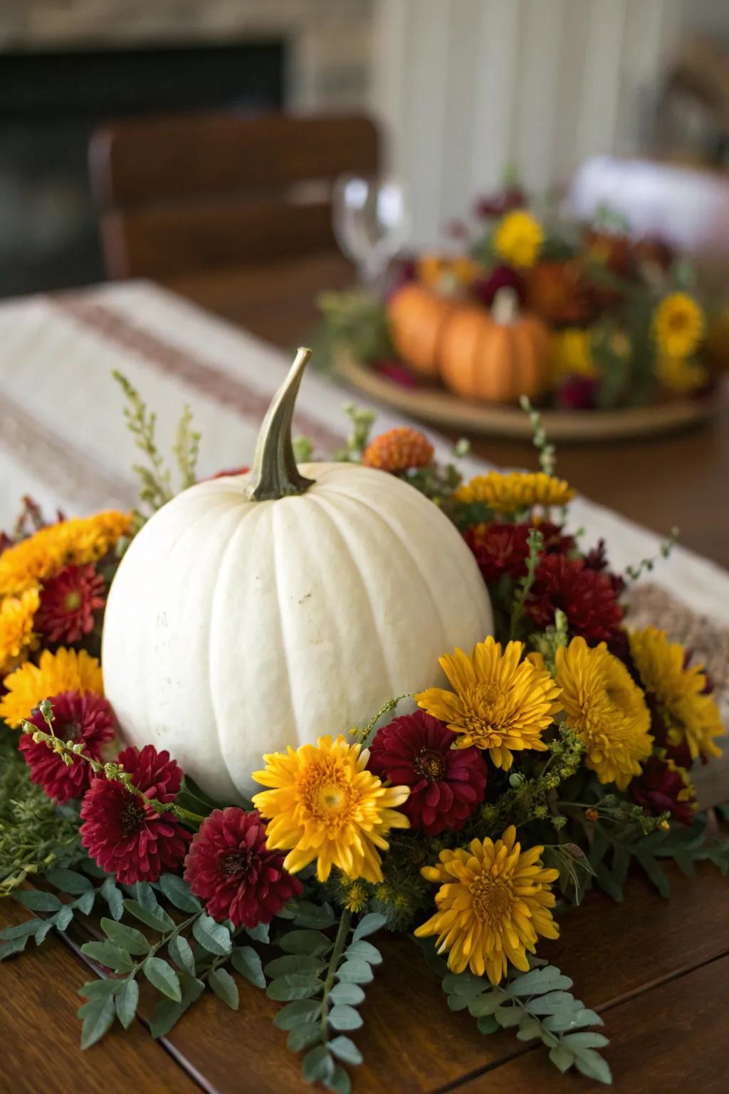 Ivory squash centerpiece for a fall-themed bridal shower.