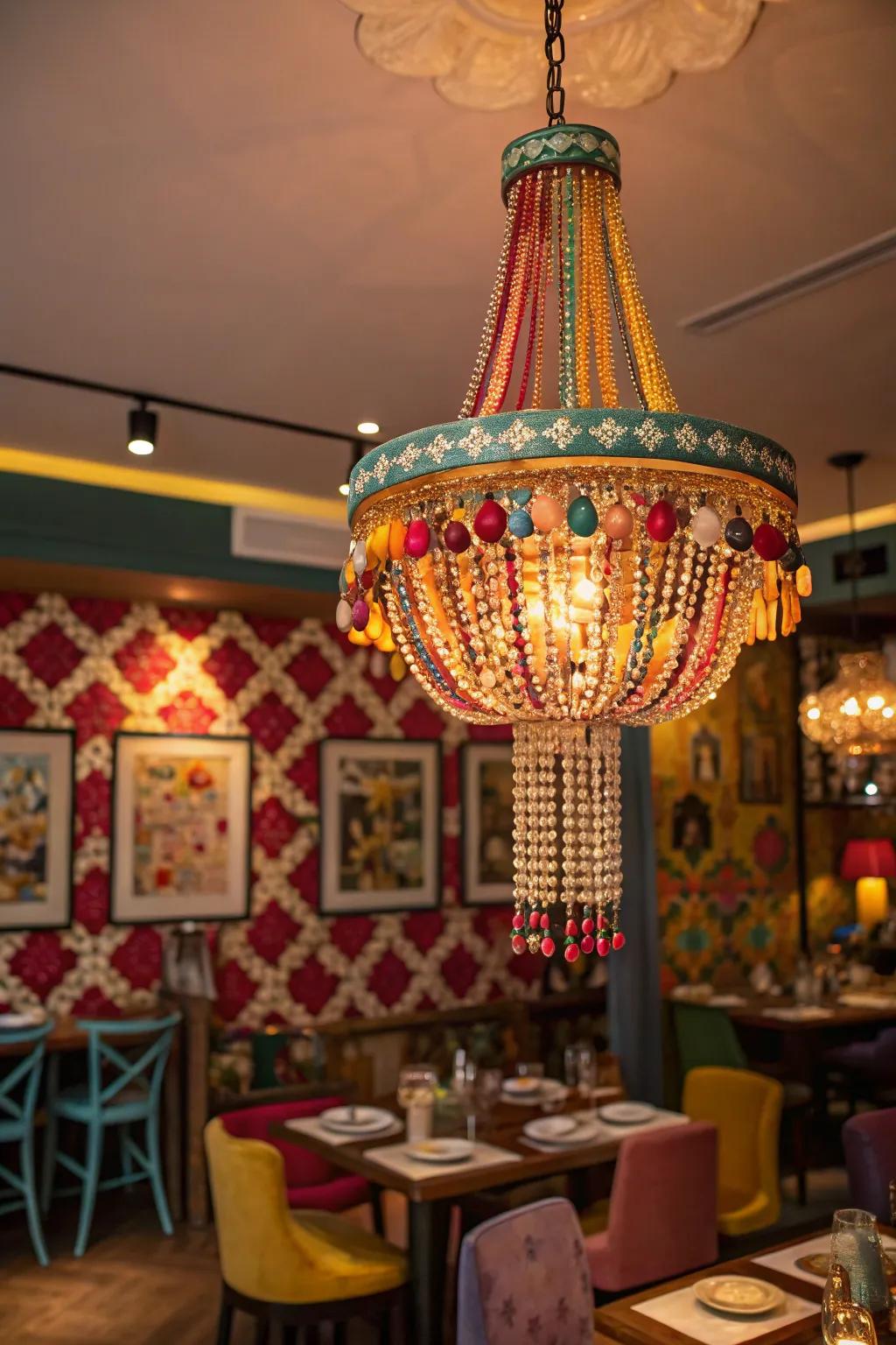 A colorful chandelier adds a pop of vibrancy to the dining room.