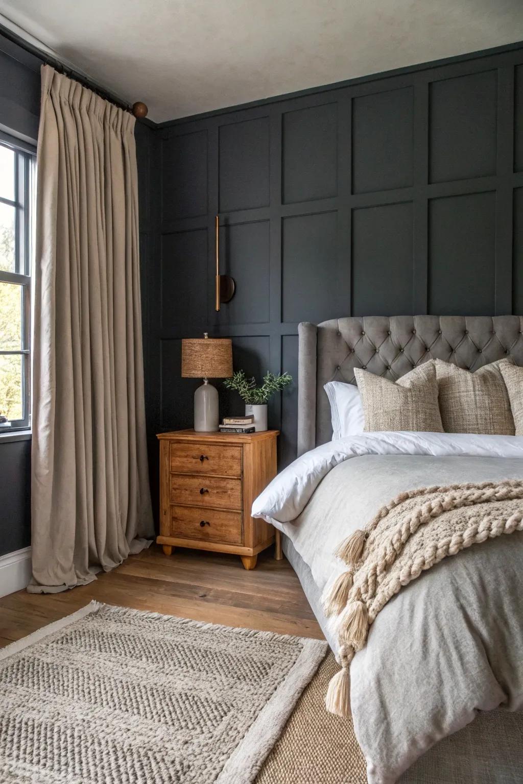 A blend of textures adds depth to a deep gray bedroom.